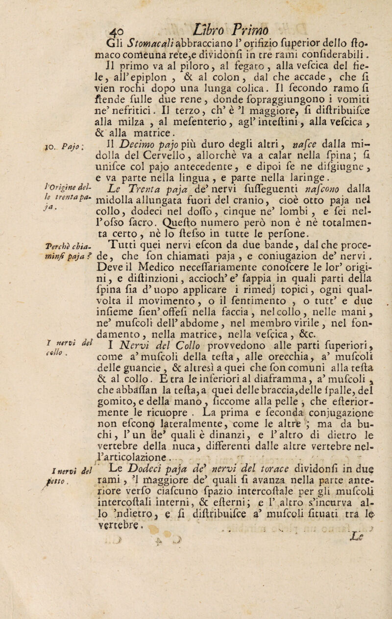 io. Pajo ; ja 40 Vibro Primo Gli Stomacali abbracciano P orifizio fuperior dello fto- maco comeuna réte,e dividonfi in tre rami confiderabili. Il primo va al piloro, al fegato, alla vefcica del fie¬ le, all’epiplon , & al colon, dal che accade, che lì vien rochi dopo una lunga colica. Il fecondo ramo lì flende filile due rene, donde fopraggiungono i vomiti ne5 nefritici. Il terzo, eh5 è 51 maggiore, fi difiribuifee alla milza , al mefenterio, agl5 inteftini, alla vefcica , & alla matrice. Il Decimo pajo più duro degli altri, nafee dalla mi¬ dolla del Cervello, allorché va a calar nella fipina; fi unifee col pajo antecedente, e dipoi fe ne difgiugne, e va parte nella lingua, e parte nella laringe. l’Origine del- Te Trenta paja de5 nervi fuffeguenti nascono dalla trentapa* midolla allungata fuori del cranio, cioè otto paja nei collo, dodeci nel dolio, cinque ne5 lombi, e fei nel- Pofso facro. Quello numero però non è nè totalmen- ta certo, nè lo ftefso in tutte le perfone. Terchìchìa- Tutti quei nervi efeon da due bande, dal che proce¬ di#/ paja? de, che fon chiamati paja , e coniugazion de5 nervi. Deve il Medico necelfariamente conofcere le lor5 origi¬ ni, e diflinzioni, accioch’e5 fappia in quali parti della fpina fia d’uopo applicare i rimedj topici, ogni qual¬ volta il movimento, o il Pentimento , o tutt5 e due infieme fien’offefi nella faccia, nel collo, nelle mani, ne5 mufcoli dell5 abdome , nel membro virile , nel fon¬ damento, nella matrice, nella vefcica, &c. i nervi del j Nervi del Collo provvedono alle parti fuperiori, iQ>0' come a5mufcoli della tefta, alle orecchia, a5 mufcoli delle guancie , <3c altresì a quei che fon comuni alla tefta & al collo. Etra le inferiori al diaframma, a5 mufcoli % cheabbaftan la tefta,a quei delle braccia, delle fpalle, dei gomito, e della mano , ficcome alla pelle , che efterior- mente le ricuopre . La prima e feconda conjugazione non efeono lateralmente, come le altre ; ma da bu¬ chi, l’un de5 quali è dinanzi, e Paltro di dietro le vertebre della nuca, differenti dalle altre vertebre ncì- f articoiazione. 7 r ïnervi del Le Dodeci paja de5 nervi del torace dividonfi in due petto. rami, 51 maggiore de5 quali fi avanza nella parte ante¬ riore verfo ciafcuno fpazio intercoftale per gli mufcoli intercedali interni, & efterni ; e P altro s’incurva al¬ lo ’ndietro, e fi diftribuifee a5 mufcoli fituati tra le vertebre. *•* «a\ & •