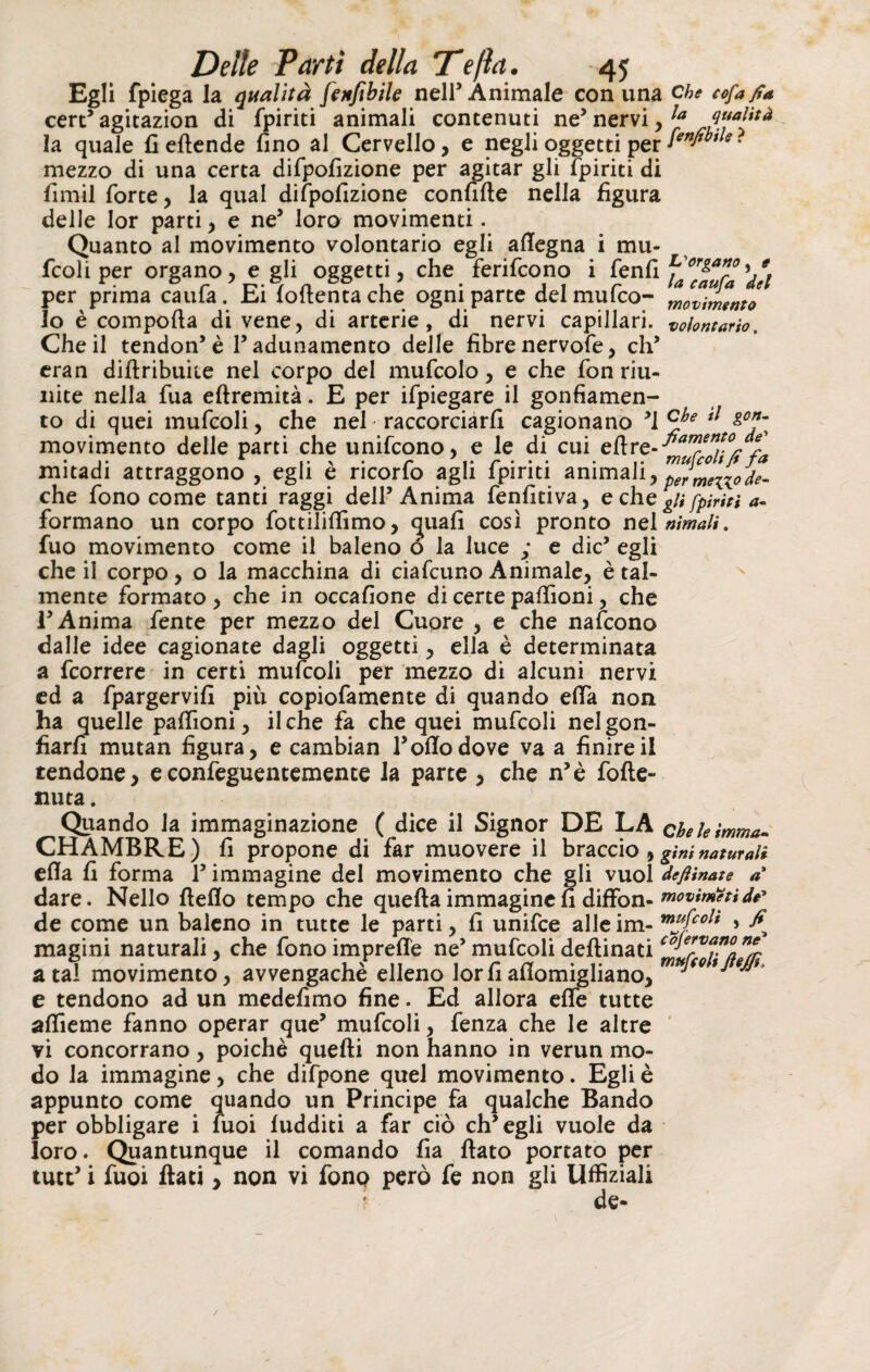 Egli fpiega la qualità Jïxfîbile nell’Animale con una che cofafia cert’ agitazion di fpiriti animali contenuti ne* nervi,Ia la quale fi eftende fino al Cervello, e negli oggetti per fenfibtl* * mezzo di una certa difpofizione per agitar gli fpiriti di fimil forte, la qual difpofizione confitte nella figura delle lor parti , e ne5 loro movimenti. Quanto al movimento volontario egli affegna i mu- fcoli per organo, egli oggetti, che ferifcono i fenfi Yorgaï°'/t per prima caufa. Ei loftenta che ogni parte del mufco- wovinünto lo è comporta di vene, di arterie, di nervi capillari, volontario. Che il tendon’è T adunamento delle fibre nervofe, eh’ eran diftribuite nel corpo del mufcolo, e che fon riu¬ nite nella fua eftremità. E per ifpiegare il gonfiamen¬ to di quei mufcoli, che nel raccorciarli cagionano ’I movimento delle parti che unifeono, e le di cui eftre-amrenf.°r t mitadi attraggono, egli e ricorfo agli fpiriti animali > per mel^0 de¬ che fono come tanti raggi dell’Anima fenfitiva, e che gii [piriti a- formano un corpo fottiliffimo, quali così pronto nel rimali. fuo movimento come il baleno ó la luce ; e die’ egli che il corpo, o la macchina di ciafcuno Animale, è tal¬ mente formato , che in occafione di certe paffioni, che l’Anima fente per mezzo del Cuore , e che nafeono dalle idee cagionate dagli oggetti, ella è determinata a feorrere in certi mufcoli per mezzo di alcuni nervi ed a fpargervifi più copiofamente di quando erta non ha quelle partìoni, il che fa che quei mufcoli nel gon¬ fiarli mutan figura, e cambian l’orto dove va a finire il tendone, econfeguentemente la parte , che n’è fofte- nuta. Quando la immaginazione ( dice il Signor DE LA chele imma- CHAMBRE) fi propone di far muovere il braccio ,gininaturai* ella fi forma l’immagine del movimento che gli vuol deftinate a* dare. Nello fteflo tempo che quella immagine fi diffon- movimetide* de come un baleno in tutte le parti, fi unifee alle im- ^ magini naturali, che fonoimprefle ne’mufcolideftinati a tal movimento, avvengachè elleno lor fi artomigliano, U<°tJ e tendono ad un medefimo fine. Ed allora erte tutte afiieme fanno operar que’ mufcoli, fenza che le altre vi concorrano , poiché quelli non hanno in verun mo¬ do la immagine, che difpone quel movimento. Egli è appunto come quando un Principe fa qualche Bando per obbligare i fuoi ludditi a far ciò ch’egli vuole da loro. Quantunque il comando fia flato portato per tutt> i fuoi flati, non vi fono però fe non gli Uffiziali de- /