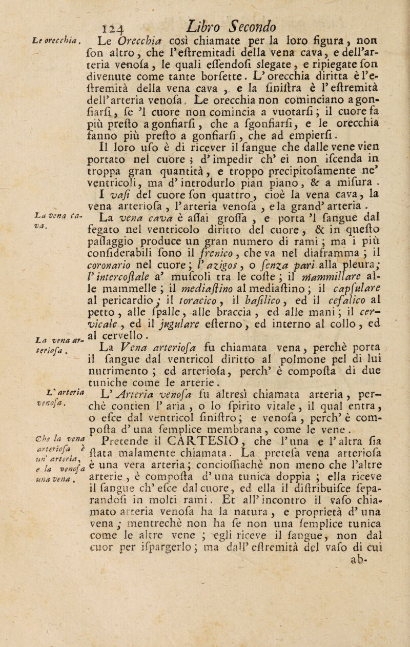 Le orecchia » La vena ca¬ va . 124 Libro Secondo Le Orecchia cosi chiamate per la loro figura, non fon altro, che Feftremitadi della vena cava, edell’ar- teria ventola, le quali effendofi slegate, e ripiegate fon divenute come tante borfette. L’orecchia diritta èFe- ilremità della vena cava , e la finiilra è l’eftremità dell’arteria venofa, Le orecchia non cominciano a gon¬ fiarli, fe ’l cuore non comincia a vuotarli; il cuore fa più prefto a gonfiarli, che a fgonfiarfi, e le orecchia fanno più preflo a gonfiarli, che ad empierli. Il loro ufo è di ricever il fangue che dalle vene vien portato nel cuore 5 d’impedir eh’ ei non ifeenda in troppa gran quantità, e troppo precipitofamente ne* ventricoli, ma d’introdurlo pian piano, & a mifura . I va fi del cuore fon quattro, cioè la vena cava, la vena arteriofa , Y arteria venofa , eia grand’arteria . La vena cava è aliai grolla , e porta ’l fangue dal fegato nel ventricolo diritto del cuore , & in quello pafiaggio produce un gran numero di rami ; ma i più confiderabili fono il frenico, che va nel diaframma ; il coronario nel cuore; /’ azigos, o fenza pari alla pleura/ /’ intercofiale a’ mufcoli tra le colle ; il mammillare al¬ le mammelle; il mediaflino al mediaftino ; il capfulare al pericardio; il toracico , il hafilìco, ed il cefalico al petto, alle fpalle, alle braccia , ed alle mani; il cer¬ vicale > ed il jttgulare efìerno, ed interno al collo, ed f al cervello. L a %&fia a)m tt7* * r* r* 't • t \ ter io fa. -La ^ cna arterioja fu chiamata vena? perche porta il fangue dai ventrieoi diritto al polmone pel di lui nutrimento ; ed arteriola, perch’ è compolla di due tuniche come le arterie. V arteria jj Arteria venofa fu altresì chiamata arteria , per« ven°]a. chè contien l’aria, o lo fpirito vitale, il qual entra, o efee dal ventrieoi finillro; e venofa, perch’è com¬ polla d’ una fempliee membrana, come le vene. che la vena pretende il CARTESIO, che Fona e l’altra fia artenc/a ^ paca malamente chiamata. La pretefa vena arteriofa e ia venofa e una vera arteria; conciomache non meno che 1 altre una vena, arterie, è compolla d’una tunica doppia ; ella riceve il fangue eh’efee dal cuore, ed ella il dillribuifce fepa- randofi in molti rami. Et all’incontro il vafo chia¬ mato arteria venofa ha la natura , e proprietà d’ una vena; mentrechè non ha fe non una fempliee tunica come le altre vene ; egli riceve il fangue, non dal cuor per ifpargerlo ; ma dall’ efìremhà del vafo di cui ab-