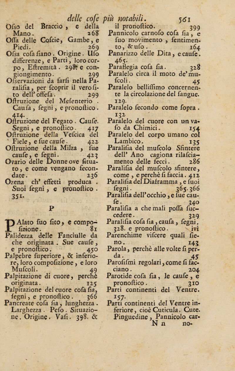 - . . delle cofe Ofso del Braccio , e della Mano. 268 Offa delle Cofcie, Gambe, e Piedi. 269 Ofsa cofa fiano. Origine. Ufo differenze, e Parti, loro cor¬ po, Eftremuà . 298*6 con- giongimento. ^ 299 Ofservazioni da farfi nella Pa¬ ralifia, per fcoprir il verofi- to dell’offefa. 299 Oftruzione del Mefenterio . Caufa, fegni, e pronoftico. 414- Oftruzione del Fegato . Caufe. Segni, e pronoftico. 417 Oftruzione della Vefcica del ‘ Fiele, e fue caufe. 422 Oflruzione della Milza , fue caufe, e fegni. 42g Ovario delle Donne ove fitua- to, e come vengano fecon¬ date. 236 Ozena eh* effetti produca . Suoi fegni, e pronoftico . 351- P Alato fuo fito y e compo-» Azione. 81 Palidezza delle Fanciulle da che originata . Sue caufe, e pronoftico. 450 Palpebre fuperiore, & inferio¬ re, loro compofizione, e loro Mufcoli. 49 Palpitazione di cuore, perchè originata. 125 Palpitazione del cuore cofa fia, fegni, e pronoftico . 366 Pancreate cofa fia , lunghezza . Larghezza . Pefo . Situazio¬ ne. Origine. Vafi. 398, & pia notabili. 551 il pronoftico. 399 Pannicolo carnofo cofa fia, e fuo movimento , fentimen- to, Srufo . ' 164 Panarizzo delle Dita, e caufe. 465. ParaBegia cofa fia. 328 Paralelo circa il moto de5 mu¬ fcoli . 45 Paralelo belliffimo concernen¬ te la circolazione del fangue. 129. Paralelo fecondo come fopra . 132 Paralelo del cuore con unva- fo da Chimici. 154 Paralelo del corpo umano col Lambico. 135 Paralifia del mufcolo Sfintere dell* Ano cagiona rilafcia- mento delle fecci. 286 Paralifia del mufcolo sfintere, come , e perchè fi faccia .412 Paralifia del Diaframma , e fuoi fegni. 365.366 Paralifia dell*occhio, e fue cau¬ fe . 340 Paralifia a che mali polla fuc- cedere. 329 Paralifia cofa fia, caufa, fegni. 328. e pronoftico. ivi Parenchime vifeere quali fie- no. 143 Parola, perchè alle volte fi per¬ da . 45 Parofifmi regolari, come fi fac¬ ciano . 204 Parotide cofa fia, le caufe , e pronoftico. 310 Parti continenti del Ventre. I57* Parti continenti del Ventre in¬ feriore, cioè Cuticula. Cute. Pinguedine, Pannicolo car- N n no-