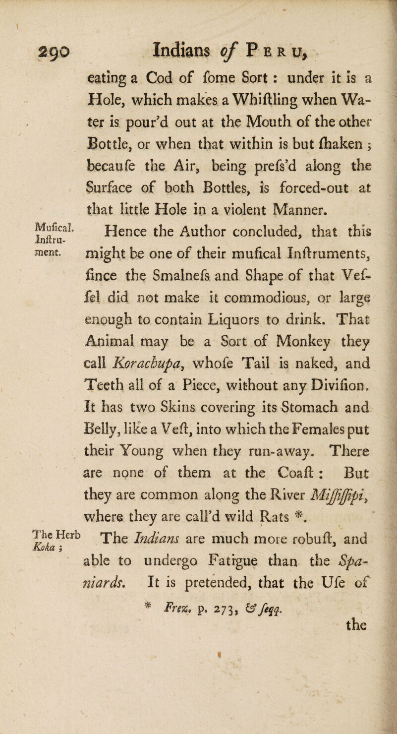 Mufical. Inílru- meiit. The Herb Koka ; eating a Cod of fome Sort: under it is a Hole, which makes a Whittling when Wa¬ ter is pour'd out at the Mouth of the other Bottle, or when that within is but ihaken ; becaufe the Air, being prefs'd along the Surface of both Bottles, is forced-out at that little Hole in a violent Manner. Hence the Author concluded, that this might be one of their mufical inftruments, lince the Smalnefs and Shape of that Vef« fel did not make it commodious, or large enough to contain Liquors to drink. That Animal may be a Sort of Monkey they call Korachupa, whofe Tail is naked, and Teeth ail of a Piece, without any Divifion. It has two Skins covering its Stomach and Belly, like a Veil, into which the Females put their Young when they run» a way. There are none of them at the Coaft : But they are common along the River MiJJijfipi, where they are call’d wild Rats The Indians are much more robuft, and able to undergo Fatigue than the Spa¬ niards, It is pretended, that the Ufe of * Frsz, p, 273, &fiqq.