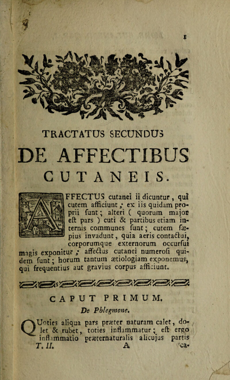 t TRACTATUS SECUNDUS DE AFFECTIBUS CUTANEIS. FFECTUS cutanei ii dicuntur, qu? cutem afficiunt / ex iis quidam pro¬ prii funt; alteri ( quorum majot eft pars ) cuti & partibus etiam in¬ ternis communes funt; cutem fs- pius invadunt, quia aeris contadlui, corporumque externorum occurfui magis exponitur ; affedus cutanei numerofi qui¬ dem funt; horum tantum aetiologiam exponemus, qui frequentius aut gravius corpus afficiunt. CAPUT PRIMUM. De Phlegmone. QU^ties aliqua pars praster naturam calet, do¬ let & rubet, toties inflammatur; eft ergo inflimmatio prasternaturalis alicujus partis