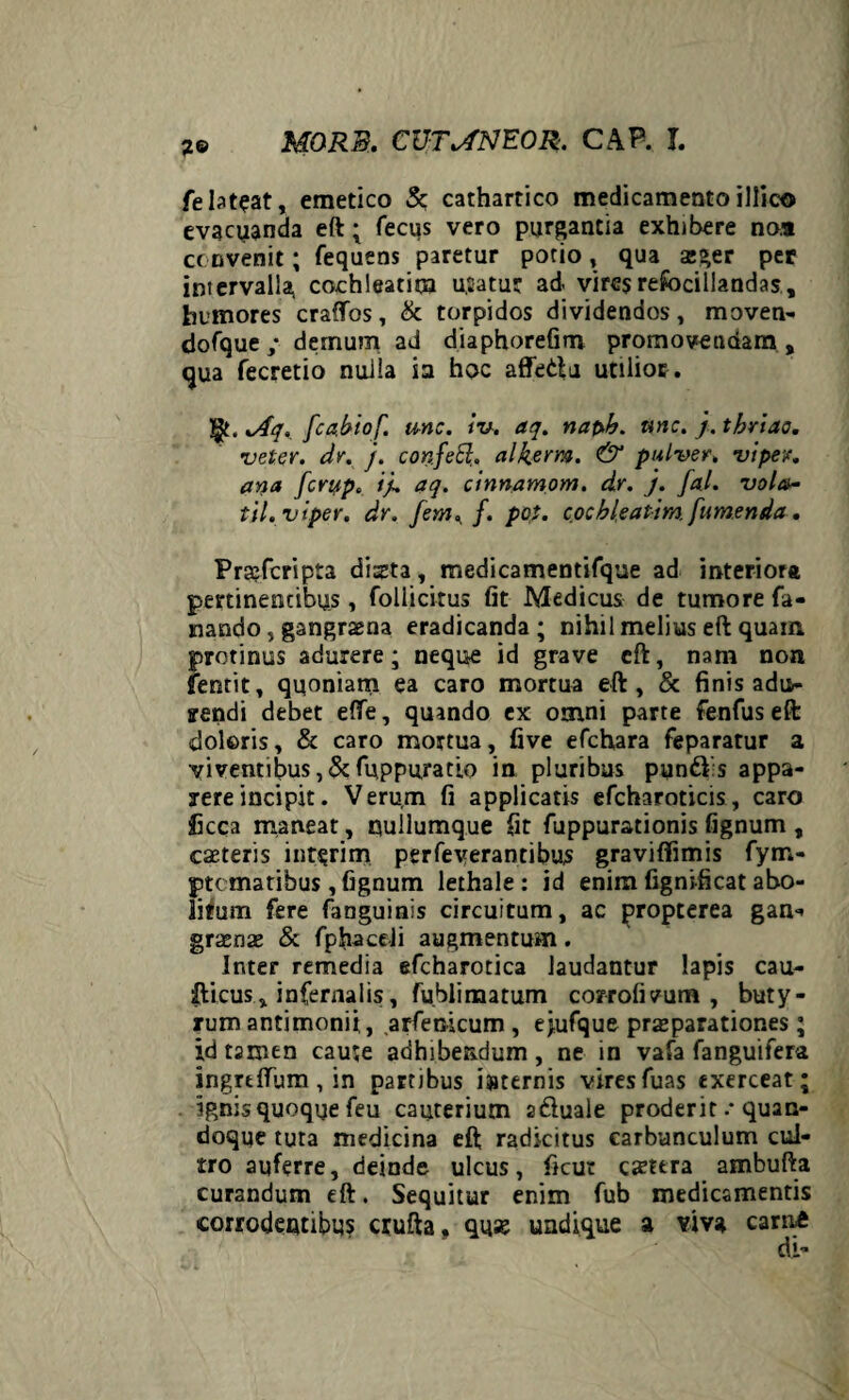 2© fe lateat, emetico 5? cathartico medicamento illic© evacuanda eft; fecus vero purgantia exhibere noa convenit; fequens paretur potio, qua ager per intervalla cochleatim u,Satur ad vires refocillandas, humores craffos, & torpidos dividendos, moven- dofque ,* demum ad diaphorefim promovendam , qua fecretio nuila ia hoc affetlu utilior. ]gt. sAq, [ca.hiof. unc. iv. aq. naph. tine. j. thriao. veter, dr. j. confett. alkerm. & pulver, vipev. ana feryp. iq. aq. cinnamom. dr. j. fal. vola- til.viper, dr. fem. f. pot. cochleatim, [umenda. Prasfcripta diaeta, medicamentifque ad interiora pertinentibus, follicitus fit Medicus de tumore fa¬ nando , gangraena eradicanda; nihil melius eft quam, protinus adurere; neque id grave eft, nam non fentit, quoniam ea caro mortua eft, & finis adu¬ rendi debet e(fe, quando ex omni parte fenfuseft doloris, & caro mortua, five efchara feparatur a viventibus, &fuppurati.o in pluribus pynds appa¬ rere incipit. Verum fi applicatis efcharoticis, caro licca maneat, nullumque fit fuppurationis fignum , caeteris int$rim perfeverantibus gravifiimis fym- ptematihus, fignum lethale : id enim fignificat abo¬ litum fere fanguinis circuitum, ac propterea gan<* grxnx & fphace-li augmentum. Inter remedia efcharotica laudantur lapis cau- ilicus, infernalis, fublimatum corrofivum , buty¬ rum antimonii, .arfenicum , ejufque pr2parati0r.es; id tamen caute adhibendum , ne in vafa fanguifera ingrtflum , in partibus internis viresfuas exerceat; ignis quoque feu cauterium aftuale proderit .* quan¬ doque tuta medicina eft radicitus carbunculum cul¬ tro auferre, deinde ulcus, ficut esura ambufta curandum eft. Sequitur enim fub medicamentis corrodentibus ctufta. quse undique a viva carne
