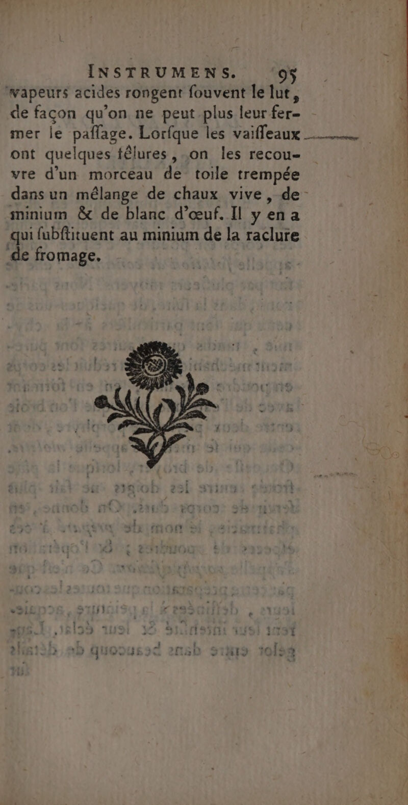 vapeurs acides rongent fouvent le lut, de façon qu’on ne peut plus leur fer- mer le paflage. Lorfque les vaifleaux ont quelques fêlures , on les recou- vre d’un morceau de toile trempée dans un mélange de chaux vive, de minium &amp; de blanc d'œuf. Il y en a qui fubftituent au minium de la raclure de fromage. Ce ss à “a oh