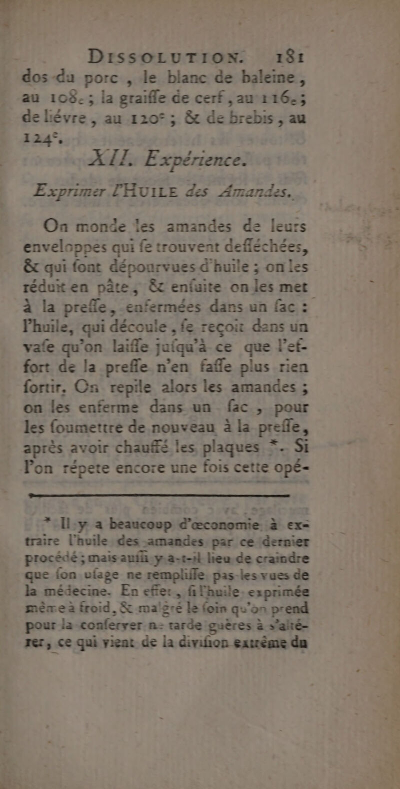 dos du porc , le blanc de baleme, au 108. ; la graifle de cerf , au 116.; de liévre , au 120° ; &amp; de brebis , au 124°, XL, Expérience. Exprimer l'HUILE des Amandes. On monde les amandes de leurs enveloppes qui fe trouvent defléchées, êt qui font dépourvues d'huile ; on les réduit en pâte, © enfuite ones met Phuile, qui découle , fe reçoi dans un vafe qu’on laifle juiqu'à ce que let- fort de la prefle n’en fafle plus rien forur. On repile alors les amandes ; on les enferme dans un fac , pour les foumettre de nouveau à la prefle, après avoir chauffé les plaques *. Si Pon répete encore une fois cette opé- * Il:y a beaucoup d’œconomie à ex- traire l'huile des amandes, par ce idernier procédé ; mais auih y.a-t-1l heu de craindre que fon ulage ne rempliile, pas-les vues de la médecine. En effer, filhuile. exprimée mère à froid, &amp; malgré le foin qu'on prend pour la -conferyer n- tarde guères à s’ahé- rer, ce qui vient de la diviñon eatrème du