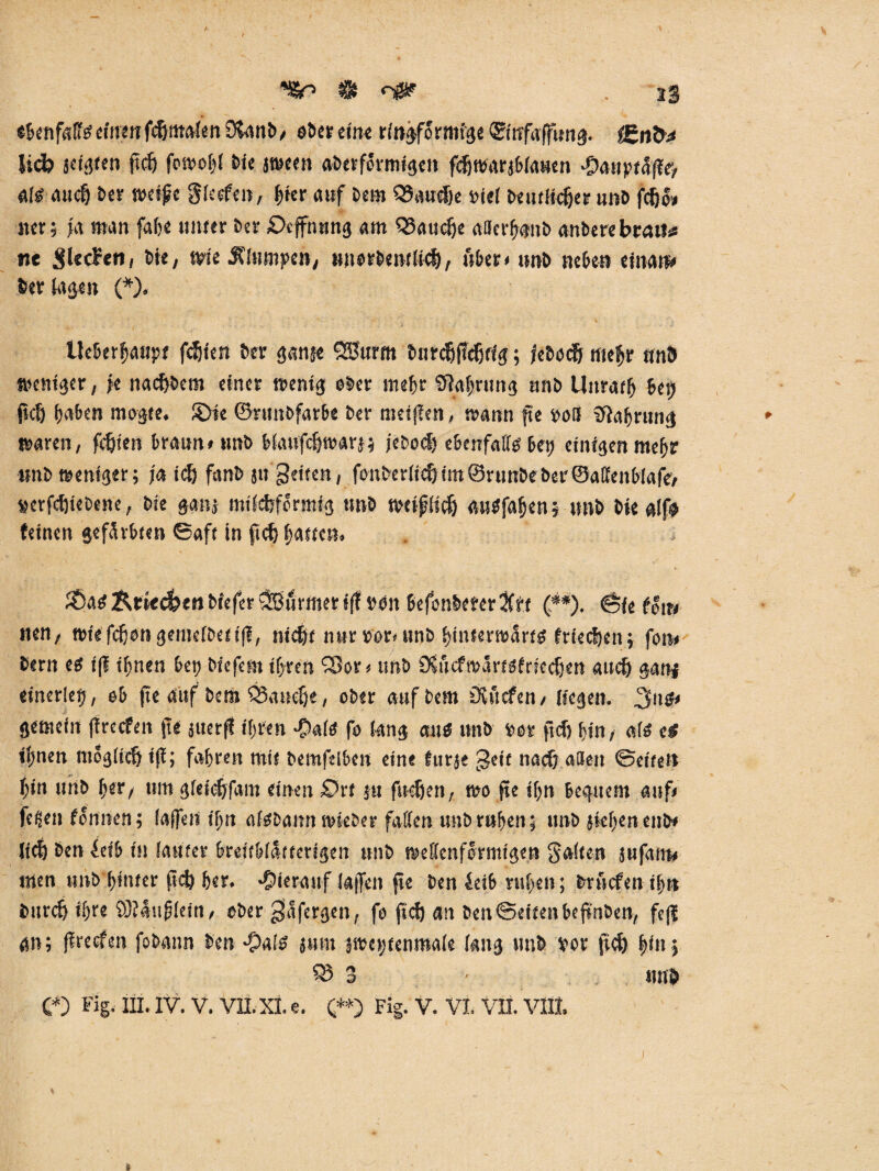 *äSr» % <-$? .iS «PenfalfeelnettfcpfttaienDJanft, öfterem« ringförmige ©nfaffung. flZnte lieb selten pep fcn>o^( ftie jween afterfermigen fcpwarj&lauen -Dauptape', a(g auep fter weife Sleefeu, pter auf Dem Qtaudje riel ftentfieper unft fepo» «er; ja «tön fape unter fter £>cffnting am 53aucpe aßcrpgnft an&ere brau» tie niedren, ftie, wie JUimipen, wiörftentlicp, über» tmft tieften eitran» fter lagen (*). Ue&erpaupr feiert fter ganse 2Burm ftnrcppcptfg; jeftoep tfte^r «nft «'eniger, jt naepftem einer wenig öfter rnepr tffaprtmg «nft Unratp U\) pep haften mogte. £>ie ©runftfar&e fter metpen, wann fxe roß Sftaprung waren, festen traun» unft ftlaufcpwar}; jeftoep e&enfafe ftet) einigen mepr «nft weniger; ja icp fanft jn gelten, fonfter(icpim®runftefter©a[lenftiafe> serfcpieöene, ftie ganj mtlepformig unft weiflicp auöfapen; unft ftie gif* feinen gefävftten Saft in pep patte«. JÖaö Kriechen ftiefer ‘SBurmer iff ron ftefonftererttt (**). Sfe foir» nen, wtefcpongeinel&ettp, niefit nur vor«unft pinterwartö frieepen; fon* ftern eö ip ipnen ftet) ftie fern tpren S3or» unft ÜJucfwärtdfrrecpen auep gattf einerlep, et pe auf ftern QSaucpe, öfter auf Dem Pvücfen, liegen. 3»ö» gemein precfeit pe guerff ifjten ^aftf fo lang au* unft ror pep pin, al* ts ipnen moglicp ip; fahren mit ftemfel&en eine furje geit naep aßen Seiten ptn unft per, um gletcpfam einen £>rt }u piepen, wo pe ipn fteqttetn auf» fegen fonnen; faffen tfm afgftamt wiefter faßen unft rufen; unft {iepenenft* liep ften ieift in lauter ftretf&larterigen unft wellenförmigen Saiten jufant» tuen unft pinter pep per. hierauf (affen pe ften iei& rupen; ftv tiefen ipn fturep ipre 9)i4uf lein, öfter gafergen , fo pep an ften Seiten ftepnöen, fe|f an; preefen foftann ften -£)al* jtim jweijfenmale lang unft ror pep pin; $5 3 ' unft