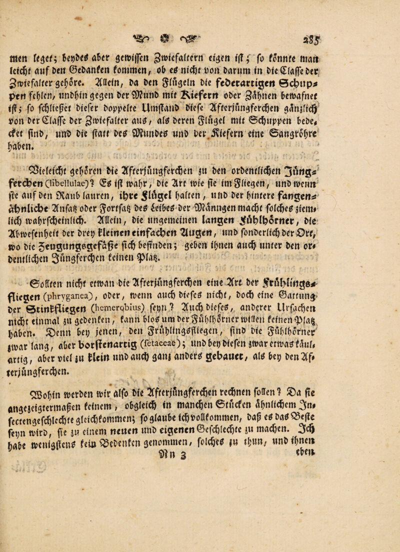 $ <^r siSif men feget; ater gemiffen gmiefaltern eigen i(T; fo fönnfe matt (eicht auf Den ©eDanfeit fommen, ob es nicht non Darum in Die ©(affe Der gtriefalter gehöre. 2((Iein, Da Dm Singeln Die feöetartigen Bcbttp* pett festen, unDfjiit gegen DerSÜimiD mit Kiefern oDer &äh'nen beroafttet t|i; fo fehltest Diefer Doppelte UmfianD Diefe 2Cfferffingfercöen ganj'icfj oon Der ©Ia|fe Der groiefalter aus, als Deren Singel mit ©puppen beDe« efet ftnD, unD Die (?att best SRunDeS unD Der tiefem eine ©angrol;re haben. ' r -  ” ■ .: '• - '■ - * V -' ' - - ... • k . r- ‘ J l t-- -I **. . - • f. * • \ ■ > • -• .• c ; , - - . -t i ' i, * - ; s ’ ' ' J v * ■ ‘ ■ ■ x * i -* * 5 ‘ ' .9* CÖtefetc&e gehören Dte 2ffterjuttgferchen ju Den orDentficljen jung* fernenGibellulae)? (£s iff tpabr, Die 2lrr tote fte im Singen , itnDtpenn fte auf Den SXaub lauren, il?te $ingcl halten , «HD Der hintere fangen^ «fenlicbe 2fnfaß ober ^orrfafj Des ieibeS Der Qftanttgen macht folcfjes jiem» (ich trahrfcheinlicf). 2(ttein, Die ungemeinen langen .Jföbl&orner, Die 'Äbtoefenheif Der Drei; Meineneinfachen Gingen, unD fonDerlichDer£)«, ko Die geugungegefäfje fleh beftiiDen; geben ihnen auch unter Den or* Deutlichen Süngferchen feinen ipiaij. v - . V ’ •? i #■ i’t- \ '■£ ■' • ’ ■ . : - « ' £•' g ’ .g : , •• ■ ’ l <■ \ : • * f & v I - , .% ~ ; - , - ' , v : - i •> ♦ i > * ©offten nicht etwait Die 2(fterffingferchen eine 2Crt Der $rßf?ltttge* fitegen (phrvganea), oDer, metm auch DiefeS nicht. Doch eine ©attung- Der ©tinffUegen (hejnerqbius), fet;n ? 2CuchDiefeS, anDerer Urfadien ni(St einmal ju geDenfen, fann blosumDergttb(f)6rnertpi!Ieii feinen $»|a| haben. JOtrtii bei; jenen, Den Srul;lingSjTiegen, ftno Die pbibernec jwar lang, aber botfienartig (fetaceae); unD bet; Diefen smar (twMttui, «rtig, aber »tel ja flein unDaudh gani anDers gebawet, als bep Den2ff# lerjungfer^en. ’ * > ' • ‘ ' * ■ • • Sßoljin »erben mir alfo Die 2ffterjungferthen regnen fotlen? ©a fte «ngejetgtetmafen feinem , obglei^ in manchen ©tuefen ähnlichem ^n* fectengefchlcchte gleithfommen; fo glaube ich »ollfommen, Daf eSDaSQ3e|ie fei;n »irD, fte ju einem neuen unb eigenen ©efchlethte ju machen. 3c§ habe wenigftenS fei» ^ebenfen genommen, folches ju tl;un. «nD ihnen