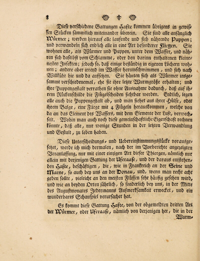 s ©iefe t>ctjc|>tc&enc ©ottungen £afte Fommen übrigens in gewi|* fen @tücfen fiimnjfüct) miteinonber überein. 0ie ftnb alle anfänglich Würmer; werben hierauf olle laufenbe unb ftcb näbrenbe Puppen; tmb oerwonbeln fiel) enbficb olle in eine 2(rt befonberer fliegen. 0ie wohnen olle, als 2ßürmer unb puppen, unter bem SOßaffer, unb näh# ten ftcb bofelbfi pom0cblomme, ober ben barinn enthaltenen Fleine# nejlen 3nfeFten; jeboeb fo, bog einige beftönbig in eigenen Lochern wob# neu; onbere ober trrenb im 'Söaffer berttmfebmimmen , unb ftcb nad> <2Bi!!Fübr f>ic unb ba ouffe|en. 0ie bauten ftcb <tf$ SBürmer inSge# fammt oerfcbtebenemal, ebe fie ihre lebte <28urmgr6fe erholten; unb ihre ^uppengejklt perrotben fte ohne 2luSnabme babureb, bog auf tb# rem Duicfcnfcbilbe bie glügelfcbeiben ftcbtbar werben. Cnblicb, legen olle oueb bie s}Juppengcjtatt ob, unb man fiebet aus ihrer »£>ulfc, ober ihrem löatge, eine fliege mit 4 klügeln beroubfommen, welche oott bo on bas Clement bees SÖafferS, mit bem ©ernenfe ber 8uft, perwecb# feit. 2ßobin mon auch noch biefe gemeinfcbaftlicbe ©genfebaft rechnen Fönnte, bag olle, nur wenige 0tunben in ber lebten <33ermanbltmg unb ©e|Mt, ju leben hoben. §5iefe UnferfcbeibttngS# unb UcbercinfHmmtingSftücfe PorauSge# febet, werbe ich mich bermolcn, nach ber im'Sorbericbte ongejetgten SSeronlaffung, nur mit einer einigen 2lrt biefer ^rbiergen, nämlich nur allein mit beteiligen ©attung berUferaofe, unb ber barauS entfteben* ben^ofte, befebäftigen, bie, wie in granFreicb an ber Seine unb tHorne, fo auch bep uns on ber 3De>nau, unb, wenn mon recht acht geben follte, pieleicbt on ben meijten Slüjfen febr häufig gefeben wirb, unb wie on bepben £)tfen iaht (ich, fo fonberlicb bep uns, in ber Stifte bes Sluguffmonatcs ^ebetmannS 2(ufmerF|omFeit erwecFet, unb ein wunberbares 0cboufpiel perurfoebet bot. & Fommt biefe ©ottung &ofte, pon ber obgcmelbten bariffen 2lrt ber Würmer, ober Wfemafe, nämlich bon berjenigen her, bie in bet SEßurm#