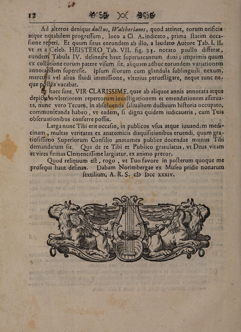 : E 12 Sese oC 398€ . Ad alteros denique ductus, Waltberianos , quod attinet, eorum orificia. atque notabilem progreffum, oco a Cl. A.indicato , prima ftarim occa- fione reperi. Et quum fitus eorundem ab illo, a Piet Autore Tab. I. If. vt et aC Celeb. HEISTERO Tab. VII. fig. 33. notato paullo differat, eundem Tabula IV. delineate haut (uperuacaneum duxi ; imprimis quum eX collátione eorum patere vifum fit, aliquam adhuc eorundem variationem annotajidam fupereffe. ^ Ipfum illorum cum glandula fublinguali, nexum, ii vel alius fluidi immiffione, vlterius perueftigare, neque tunc ne- [tea vacabat. aec funt, VIR: CLA SSIM [F, quae ab aliquot annis annotata atque depiclin wlteriorem repertort 1m inu: ieftigationem et emendationem afferua- ta, nunc vero Tecum, in ab(oluenda faliualium du&amp;uum hiftoria occupato, communicanda habeo , vt eadem, fi digna quidem iudicaueris , cum Tuis obferuationibus conferre poffis. Larga nunc Tibi erit occafio, in publicos vfus atque iuuandam ruedie : cinam , multas veritates ex anatomicis disquifitionibus eruendi, quum gra- tiofifimo Superiorum Confilio anatomes publice docendae munus Tibi demandatum fit. Qua de re Tibi et Pubiico gratulatus, vt Deus vitam et vires firmas Clementiffime largiatur, ex animo precor. Quod reliquum eít, rogo , vt Tuo favore in pofterum quoque me profequi haut: definas. Dabam Norimbergae ex Mufeo pridie nonarum fextilium, A. R. S. cI5. [occ xxxiv. (A ENS. 3S í (ires a Aq S ARS i NNS 2 SESS SN NS x NNSS SEN N PN l S J JN E Jb 1 2T |