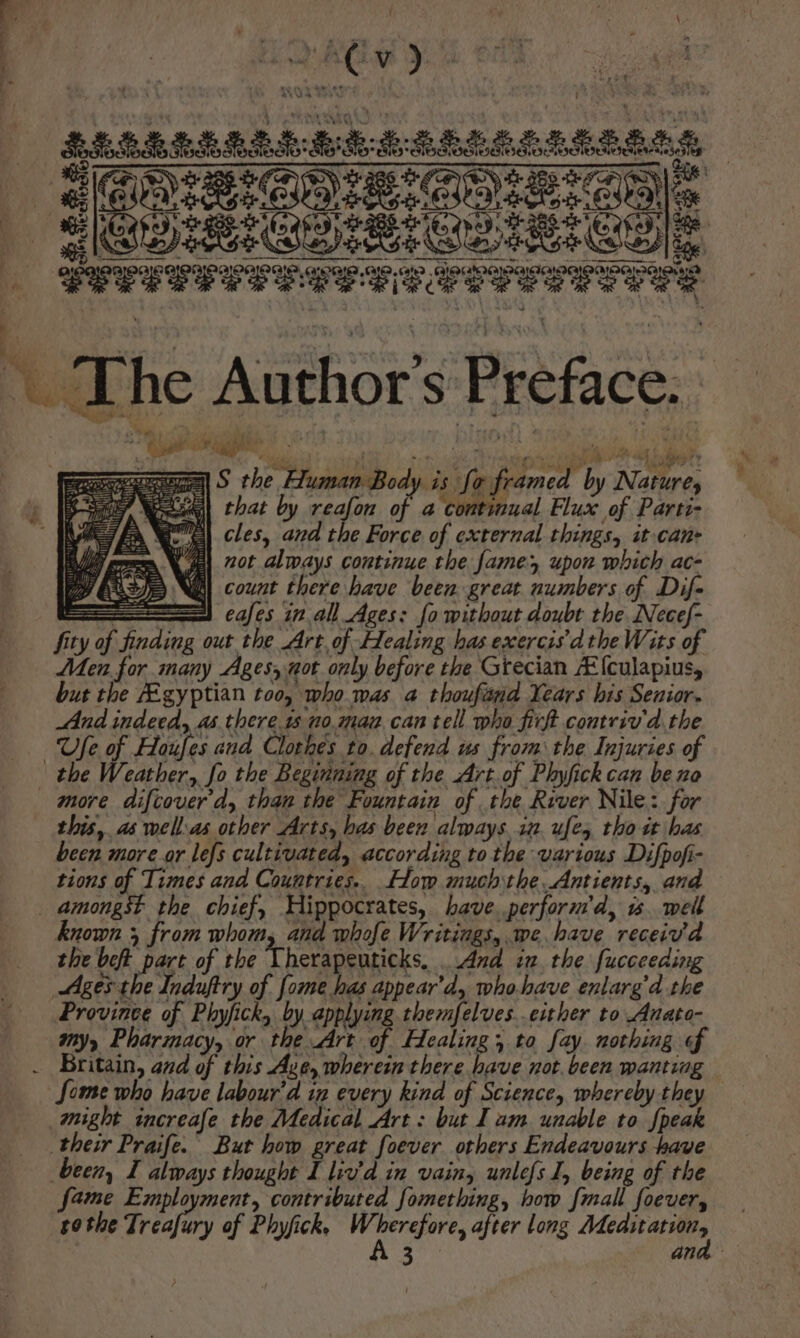 SHEBEBREG BEE ERERELEEROS CRE ee eRe Cg —— ÁN EIIIIIIIXIIJAIIIILIIII. à Gut albo n ‘ | UU aU Ter ma ml S the Human Body is fo framed by Nature, | that by reafon of a continual Flux of Parti- B| cles, and the Force of external things, it can- m WB Zot always continue the fames upon which ac- Je NE count there have been great numbers of. Dif- ER cafes in all Ages: fo without doubt the Necef- fity of finding out the Art. of Healing has exercis' d tbe Wits of Aen for many Ages, aot only before the Grecian /Efculapius, but the /Egyptian too, who mas a thoufiind Years bis Senior. And indeed, as. there 15 n0o.man can tell who firft contriv'd the Ufe of Houfes and Clothes to. defend ws from the Injuries of more difcover d, than the Fountain of the River Nile: for this, as wellas other Arts, bas been always 3n. ufes tho it has been sore ar lefs cultivated, according to the various Difpofi- tions of Times and Countries... Hom much the Antients, and known 5 from whom, and whofe Writings, we have receivd the beft part of the Therapeuticks, And in the fucceeding Province of Phyfick, by applying themfelves..either to Anate- my, Pharmacy, or the is of Healing s to fay. nothing «f Some who have labour’d 12 every kind of Science, whereby they might increafe the Medical Art: but Iam unable to {peak fame Employment, contributed fomething, bom fmall foeuer, —— 19 the jS d of Phyfick. dh ih after long Mecano 3 ana