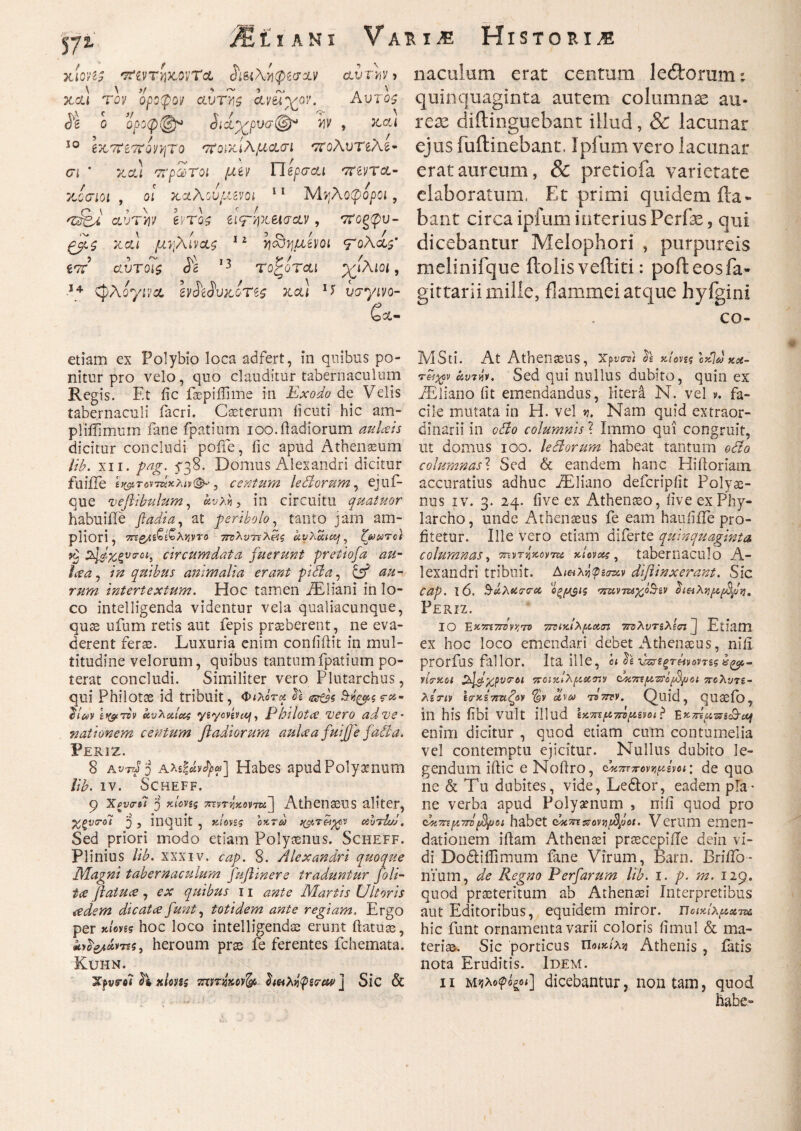 κions tfMTnKQiiTcL Λ&ίλί^σαν &υτϊιν> naculum erat centum ledrorurm xcl) τον οροφον αυτνίζ ίνϋχον. Αυτός quinquaginta autem columnae au* (ϊΐ ο οροφφ* λάχρυσ®* w , κα) rex diftinguebant illud, & lacunar 10 IxmmvvjTo ποικιλμασι πολυτίλέ· ejus fuftinebant. Ipfum vero lacunar σι * καί πρώτοι μ\ν Γϊίρσαι mna- erat aureum, & pretiofa varietate yJaioi , οι καλούμενοι 11 Μηλοφόροι, elaboratum. Et primi quidem fla- *z&i αυτήν hro$ ζιτηκεισαν, mgtpv- bant circa ipfum interius Perfse, qui ξβς και μηλίνας 11 τι&ημίνοι ΤολαςΦ dicebantur Melophori , purpureis en αύτοΤς ίΐ 13 τοζοται χίλιοι, melinifque ftolisveftiti: pofteosfa- 14 φλόγινα \Μυχ.οη$ χαι 1i υσγινο- gittarii mille, flammei atque hyfgini βα- . co- etiam ex Polybio loca adfert, in quibus po¬ nitur pro velo, quo clauditur tabernaculum Regis. Et iic faepiffime in Exodo de Velis tabernaculi facri. Caeterum iicuti hic am- pliifimum fane fpatium loo.fiadiorum aulaeis dicitur concludi pofle, iic apud Athenaeum lib. xn. pag. 538. Domus Alexandri dicitur fuifle it&rovπίχλίν(&·, centum ledorum, ejuf- que veflibulum, αυλή y in circuitu qrntuor habuifle fi adi a, at peribolo, tanto jam am¬ pliori, ληντο ττΰλυτΈλ&ς ayhatc&f, ζωωτοι >£ Ε1$χζva-ct, circumdata fuerunt pretiofa au- Ice a, in quibus animalia erant pida, y au¬ rum intertextum. Hoc tamen AEliani in lo¬ co intelligenda videntur vela qualiacunque, quas ufum retis aut fepis praeberent, ne eva¬ derent feras. Luxuria enim coniiilit in mul¬ titudine velorum, quibus tantum fpatium po¬ terat concludi. Similiter vero Plutarchus, qui Philotae id tribuit, ΦιλΙτα Ά &&$ Βοίζρςς·»- ί/ίyy b&Av αυλαίας •ysyovevet/, Philotae vero ad ve¬ nationem centum ftadiorum aulaea fuijffe fiacla. Peri 2. 8 At-rr/i) Ate&vfya] Habes apud Poly^num lib. IV. SCHEFF. 9 xeversi 5 χίοης Athenaeus aliter, %ξν<το1 5 , inquit , κίονες οκτώ tyiTetjgv csbAw. Sed priori modo etiam Polyaenus. Scheff. Plinius lib. xxxiv. cap. 8. Alexandri quoque Magni tabernaculum fuftinere traduntur fili- ice ftatuce, ex quibus 11 ante Martis Ultoris aedem dicatae funt, totidem ante regiam. Ergo per *»W hoc loco intelligendae erunt ilatuae, heroum prae fe ferentes fchemata. Kuhn. Xfvrci faxioiss htiXfyerew ] Sic & MSti. At Athenaeus, Xfvcrst ΰε κίονες οκ]ω xce- rei^v άντύν. Sed qui nullus dubito, quin ex iEliano iit emendandus, litera N. vel v. fa¬ cile mutata in H. vel y. Nam quid extraor¬ dinarii in odo columnis ? Immo qui congruit, ut domus 100. ledorum habeat tantum odo columnas? Sed & eandem hanc Hifloriam accuratius adhuc AEliano deferipiit Polyae¬ nus iv. 3. 24. iive ex Athenaeo, live ex Phy¬ larcho, unde Athenaeus fe eam hau fi fle pro¬ fitetur. Ille vero etiam diferte quinquaginta columnas, τηντηκοντα κίονας, tabernaculo A- lexandri tribuit. Αιαλύφεσκν diftinxerant. Sic cap. 16. Β-άλαστα οξμ$ις '7ΐαντζίχ)ο^ίν heiXypfibfin, Feriz. IO Έ.κ7Γί7Γΰν/.το ττνικιλμχσζ ττΌλντελίζπ J Etiam ex hoc loco emendari debet Athenaeus, nili prorfus flllor. Ita ille, et ΰε ΌπεςτΗνοντες νίΰ-κοι 2>Jd%pvcroi ταακίλρ-ίοίην CMxtfxzSofipoi ττολντε- λε'τιν Ισ·κΖ7Γαζον %ν άνω Ατην. Quid, qiiaelb, in his fibi vult illud εκτπμΑμενοιϊ EKma-asa&tq enim dicitur , quod etiam cum contumelia vel contemptu ejicitur. Nullus dubito le¬ gendum iftic e Noilro, cWarev>jfigy<><: de quo ne & Tu dubites, vide, Ledtor, eadem pla¬ ne verba apud Polyaenum , nili quod pro cbi7np7rvfifyioi habet άκτηΐΰονη$ροι. Verum emen¬ dationem illam Athenaei preeeepifle dein vi¬ di Dodliffimum fane Virum, Barn. Briflo- n'ium, de Regno Perfarum lib. 1. p. m. 129. quod praeteritum ab Athenaei Interpretibus aut Editoribus, equidem miror. Ποικίλματα hic funt ornamenta varii coloris limul & ma¬ teriae·. Sic porticus Ποικίλη Athenis , iatis nota Eruditis. Idem. i 1 μηλοφόξο*] dicebantur , non tam, quod habe»