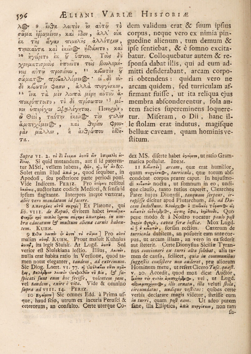 5ί>£ Λ©'* 9 evfrci λοιπον yv αυτω το σαμα, ejtpajuevoν > καί ΐίίίοιτ , ίλλ ουκ. δκ τν\ς ctyav σημβλ'^ς αλλοτ&ον, τφιΤίαντΛ καί δκ6ΐν@'ί Μ<θανδΤβ > κα,ί 10 yyapiro ex* X υτττνου. 1 ους ό'e •χρωματισμούς eoroiuro τοις βουλομζ- νοις αυτω ^poaievcu , 11 κιζωτον y σωματ®- -ττροβαλλομδν®'' * οι. Jte ου- ίδ χ,ιζωτον 'φασιν , αλλα ττυργισκον, 12 ΐνα τα μδν Λοίττα μδρη α,ύτου α- '7ΐοχρυτΐτοιτο ? το <ίδ 7τροσωσΐον 13 μο¬ νόν υτζ’ΐρί'ρζον Cti^cgtieyyrcq.. Πονη^μν j £ θίο\ , ταυτψ δκδη'®* τυν ^oAyv αμ7ΐΖΎομιν®* , καί Siypicv <φρον· \ ~Ν „ A ’ rv / ’ ς\ ™ ρΟ,Χ μάλλον , >ί CL\'JfCd7CQO δΟυ»· τα. dem validam erat & futim ipfius corpus, neque vero ex nimia pin¬ guedine alienum , tum demum & ipfe fentiebat, & e fomno excita¬ batur. Colloquebatur autem & rc- fponfa dabat iilis, qui ad eum ad¬ mitti defiderabant, arcam corpo¬ ri obtendens : quidam vero ne arcam quidem , fed turriculam af¬ firmant fuifie , ut ita reliqua ejus membra abfconderentur, fola au¬ tem facies fupereminens loquere¬ tur. Miferam, o Dii , hanc il¬ le ilolam erat indutus, magifque belluae caveam, quam hominis ve- ftitum. Sllpra VI. 2. το ovopot οίντ% «r Ιζϋιμίλίζ et- livcy. Si quid mutandum, aut ii id pateren¬ tur MSti, vellem lubens, ψ**, V *y&c. Solet enim illud ακάγε, quod fequitur, in Apodofi , feu pofteriore parte periodi poni. Vide Indicem. Periz. Pro mpe<s reftitui εχώοις,audloritate codicis Medicei,&fenfuid ipfum flagitante. Interpres inepte verterat, aliis vero mandatum id facere. 8 aκ.οτ&ίοίζ uuts σνΐξ>($ς~] Ex Platone, qui lib. viii. de Repub. divitem habet hrxtxlpx· ττνϊλοίς Ίχοντζί οτίξ^ς α&.οτζ/αζ. tn um¬ bra educatum & multum aliena carnis haben¬ tem. KuHN. p Ε>Β·ίί λοΐ7Γΰν yv kwn το j PrO αυτό malim ab-nS. Kuhn. Prout maluit Kuhnius kvv$3 ita legit Sluisk. At Lugd. *υτ*. Sed verior efl: Sluiskiana ledlio. Illius, Λατην, nulla erat habita ratio in Verfione, quod ta¬ men notat eleganter, tandem , ad extremum. Sic Diog. Laert. vi. *jy. vztixx^ov tSto ττρ2- |a/} βαλόρβμον λοιζτον νζτίξελ&είν τδ βία , & fii- fpicati funt eum hoc fecijfe, volentem jam, vel tandem, exire e vita. Vide & omnino fupra ad vm. 14· Periz. 10 eSic omnes Edd. a Prima uf- que, haud fcio, utrum ex incuria Perufci & ceterorum, an confulto. Certe uterque Co¬ dex AIS. diferte habet «y«Vewiut ratio Gram¬ matica poftulat. Idem. ii Ki^Airov] arcam, quae erat humilior, quam πνξγίο·*©*, turricula, quae totum abfl· condebat corpus praeter caput. In hujufmo- di xtZttriy noctu , ut fomnum in eo , undi¬ que claufo, tanto tutius caperet, Clearchus Pater hujus Dionyiii, tanquam ferpens, />- repfiffe dicitur apud Plutarchum, lib. ad Du¬ cem In dotium. Κλίάξχ,^1 ο ΠοιΤαίος Τυρανν®* κιβωτόν ch/$v0{JDjJ&J, ωττπζ ο φις, εφθίυδί, QuO pene modo & a Noitro vocatur paulo poft bvelx φξΧξοί, cavea fer ce beftice. Mox Lugd. el jj i Hiiarov, forfan redtius. Caeterum de turricula dubitem, an pofuerit eam ante cor¬ pus, ut arcam illam, an vero in ea federit aut deterit. CerteDionyiius Siciliae Tyran¬ nus contionari ex turri alta folebat, alia ta¬ men de caufa, ici licet, quia in communibus fuggeflis confiftere non auderet, prae aliorum Hominum metu, ut refert Cicero Tufc. qucefl. v. 20. Accedit, quod mox dicat Au&or* tjjv , vel , ut Lugd. *ζ&(κμ7πβ)[τ!,ίν(&> 3 illo ornatu, illa vel uti fiolay circumdatus, undique veftitus: quibus certe verbis declarare magis videtur, ftctiile eum in turri, quam poft eam. Ut adeo putem fane, illa Elliptica, hfak Kujyirr.ot, non tam fu-