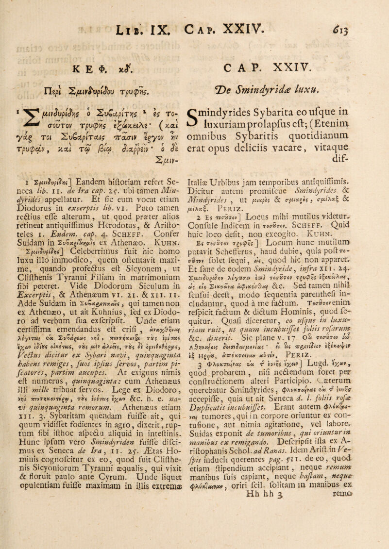 K E Φ. χί1'. CAP. XXIV. Πδ/>ί Χμιν&'υρίίου τρυφής. *De Smindyrid# luxu. 1 μινίυρί^ς ο Συξαρίτης 1 h το- Qmindyrides Sybarita eoufque in σουτον τρυφές βξάχ,&λ*· (kou ^ luxuriamprolapfus eft; (Etenim y&g tqi Συζζρίτοίΐς παυσιν ggyoi/ iv omnibus Sybaritis quotidianum τρυφάν, κ*1 τω βίω. Si&fpiiv o $1 erat opus deliciis vacare, vitaque Σμιν- dif- i Efinivpifat] Eandem hiftoriam refert Se¬ neca lib. ii. de Ira cap. if. ubi tamenMin- dyrides appellatur. Et fic eum vocat etiam I)iodorus in excerptis lib.vi. Puto tamen redtius efle alterum, ut quod pra?ter alios retineat antiquiifimus Herodotus, & Arido·* teles i. Rudem, cap. 4. Scheff. Confer Suidam in Εν^α^^ίς ex Athenaeo. Kuhn. Celeberrimus fuit hic homo luxu illo immodico, quem oftentavit maxi¬ me, quando profedlus eft Sicyonem, ut Clifthenis Tyranni Filiam in matrimonium iibi peteret. Vide Diodorum Siculum in Excerptis, & Athenaeum vi. 21. &xii. 11. Adde Suidam in qui tamen non ex Athenaeo, ut ait Kuhnius,. ied ex Diodo¬ ro ad verbum fua exfcripiit. Unde etiam certiflima emendandus eft erili , *νχ%Βίivuf λΐγίτκι cbt 'Σνζάξΐως νκ'ΐ > ·7ηντγικον7^ τ'ζς ιμτνίς ίχων ι^Ιας οικετχς, τχς μεν τ%ς $e ορνΐ6οθνΐρμς} Vedius dicitur ex Sybari navi, quinquaginta habens remiges, fuos ipfius fer vos, partim pi- fcatores, partim aucupes. At exiguus nimis eft numerus, quinquaginta; cum Athenaeus illi mille tribuat fervos. Lege ex Diodoro, M)i TrrvTJjKemgftJ, rHi ερίττχς ίχων &C. h. e. na- vi quinquaginta remorum. Athenaeus etiam xii. 3. Sybaritam quendam fuiife ait, qui quum vidiifet fodientes in agro, dixerit, rup¬ tum iibi ifthoc afpediu aliquid in inteftinis. Hunc ipfum vero Smindyriden fuiife difci- mus ex Seneca de Ira, 11. 25*. iEtas Ho¬ minis cognofcitur ex eo, quod fuit Clifthe- nis Sicyoniorum Tyranni aequalis, qui vixit & floruit paulo ante Cyrum. Unde liquet opulentiam fuiife maximam in illis extremae Italiae Urbibus jam temporibus antiquiifimis. Dicitur autem promifcue Smindyrides & Mindyrides , Ut μικμς & ιτμιχρες , ο-μίλαξ & μίλχξ. PERIZ. 2 E5 tct^tov ] Locus mihi mutilus videtur. Confule Indicem in tofxtcv. Scheff. Quid huic loco defit, non excogito. Kuhn. Εζ rarSroy τξνψνς] LoCUm hunc mutilum putavit Schefferus, haud dubie, quia poftro- crg7vv folet fequi, d$y quod hic non apparet. Et fane de eodem Smindyride, infra xi 1. 24. ’Σμινΰ'νξβην Xiyycriv \zs) τούτον τξνφνζ \%οκπλαή , ως «5 siKvmoc oKpiKtcrBOj &c. Sed tamen nihil fenfui deeft, modo fequentia parentheii in¬ cludantur, quod a me fadtum. Teo-Srovenim refpicit fadtum & didtum Hominis, quod li¬ quitur. Quaii diceretur, eo ufque in luxu- riam ruit, ut quum incubuijfet foliis rofarumc &c. dixerit. Sic plane v. 17 o2t re**™ Ijj ASv)vujoi<; δασικό*μανίας ‘ « %ς πζ/vihc? l| bzrixTeivcw αυτΐν^ PERIZ. ^ Φλυκ,τΐ^νας ώα Ί ινννις 'εχ,&νj Lugd. εχ,ων r quod probarem , riifi nedtendum foret per conftrudtionem alteri Participio. Cseterum querebatur Smindyrides, φλύκταινας ώ* d· iw^s- accepiife, quia ut ait Seneca d. I. foliis rofe Duplicatis incubuijfet. Erant autem φλυχ&ι- vcoj tumores,qui in corpore oriuntur ex con- tufione, aut nimia agitatione, vel labore. Suidas exponit de tumoribus , qui oriuntur in manibus ex remigando. Defcripiit ifta ex A» riftophanis Schol. ad Ranas. Idem Arift.in Vte- jrpis inducit querentes pag. fi 1. de eo, quod, etiam ftipendium accipiant , neque remum manibus fuis capiant, neque haftam, neque φλνκΙύΜ)/##, oriri icil. Iblitam in manibus ex H h hh 3 rerno