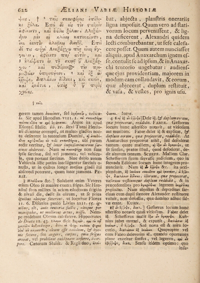 , Ί 2 ΤΛ1£ (ΤΚίνοφορΟίς 67?&9η~ 3U £ϋλ&. Ε-ττβί ίέ gj$ Toy <ταίμον ίφιχ,οντο , >ccti gpgJet ξυλα>; > Αλζζζν- SpCV μίν OUf OtAlVCC) KCCTtlCVJOVTO , W gotuTov ccAiocvyjf Si> nfff,. Ecra Jc Ti£ <WJfgC AVCi^i^Ce) 7ΪΌ° ώ’&\ Υιγ- yeAgv > cίφίϊΜΤο vtctp> οΐύτον , κ,αΐ 3 ίιλέί-ψχτο gy τν5 σκ,^νη ξ?* Α'/xfxg- you * jco.1 'Κυ^ομιν®* TJjy tt/xj- μνείαν vmpwrwivi j 4 Jtctt «ς «/ ίραΐτΐ/t ? 8ισΐ Αίσιον <5c<JWe , 3c.au σκ,δυ^ , ιματicc , tr/reg τ ^ στυροζ XCLI Xftw· bat, abjeita , plauilris onerariis ligna impofuit. Quum vero ad flati- yorum locum perveniiTenr, & lig¬ na deficerent , Alexandri quidem ledi comburebantur, ut fefe calefa¬ cere pollet. Quum autem nunciaiTet aliquis, apud Anaxarchum ignem ef- fe,contulit fe ad ipfiam,&inAnaxar- chi tentorio ungebatur : audienf- queejus providentiam, majorem in modum eam collaudavit, & eorum, quae abjecerat , duplum reftituit, & vafa, & vertes, pro ignis ufu. | τοίς. gerem tamen homines, fcd , vehicu¬ la. Sic apud Herodian. vi 11. i. tu ο-κευοφό^ •XFSivra jihiiTj tf o^frietiu, AtQlie ita apud Dionyf. Halic. iib. iv. fervi Turni Herdo¬ nii dicuntur corrupti, ut multos gladios noc¬ tu deferrent in tentorium Domini, x) irm&e- &cy χξύψύΐ/Ιΰίζ ch Tc7g (τκίυοφόξοις, ubi parum redi e vertitur, off Inter Impedimentorum far- cinas abderent. Nam rd <ntgνοφάξρ non funt ipfo farci nas, fed vel jumenta, vel vehicu¬ la, quae portant farcinas. Sine dubio autem Vehicula iilic potius intelliguntur far cinis o- nuila, ut in quibus longe melius gladii illi abfeondi poterant, quam inter jumenta. Pe- riz. 3 Ηλβίψχτο &c.] Solebant enim Veteres etiam Oleo fe munire contra frigus. Sic Han¬ nibal fuos milites in aciem edudhnus frigido & nivali die, dedit iis oleum, ut fe prius Ignibus oleoque foverent, ut loquitur Florus ii. 6. Difertius paulo Livius xxii. 5-5*. ig¬ nibus, ait, ante tentoria fadi is , oleoque per manipulos, ut mollire ni artus, mifjo. Nem¬ pe credebant Oleum calefacere. Hippocrates de Dlceta II. 43* dicit Βεξαον, ^ dv rd XHflZn Χν$!>Ιίί®Τ}ξΛ¥ y oent ΤΟ ·ψίH-uXvet φΐξ&ν dw t£ <r»[*ιλτ(&) oleum ejje calidum, & hye- me fovere , feu augere, corpus, quia frigus arceat, vel prohibeat quidquam auferre, a cor¬ pore. Caeterum Sluisk. & Regii duo, «λ«- 4'avro. Idem. 4 Kaf g| f spph-fs jDele lf. & duplum eorum^ quee projecerat, reddidit. Faber. Gefnerus locum hunc ailerifco notavit, ut vitiofum aut mutilum. Faber delet & explicat, & duplum eorum, quee projecerat, reddidit. At Anaxarchus projecerat nihil, fed defoderat tantum, quare mallem, *§«!*> eyyyvfe, ut iit fenfus, proter illud, quod defoderat, de¬ dit alterum tantum. Scheff. Mallem Clar. Schefferum fuum fervaffe judicium, quo in fecunda Editione locum hunc integrumpro- nunciavit. Nam \% Si ίίρρ*Ψ« &c· ita acci¬ piendum, «i sxelyiy» trx-ivarre qtyj Ιματίων, defpi- ψί, ΰι-πλάσιον ϋεΐίωκί, illorum, qu<£ projecerat, vafrum vefliumque duplum reddidit, & in procedentibus pro legerem ίχ&ίψας projiciens. Nam abjedtas & deperditas far- cinas cum dupli foetiore Alexander reftituere voluit, non defoffas, quo domino adhuc fal- vo erant. Kuhn. E| epp <ψε, Λ?τλ. ] Gefnerus locum hunc ailerifco notavit quaii vitiofum. Faber delet Schefferus malit Jv Ίγκρνψί. Kuh- nius jubet mutari, & exponit , }*νλ4σι*ι s| £x«va»», « epp<4e· Sed nova eil & rnira lo¬ cutio, 1| Quapropter vel cum Fabro deleverim *!, quando oportunus plane exoritur fenfus, vel legerim, ^ m εξέρριψε, ϊιπλ. Senfu itidem optimo: quo infu-