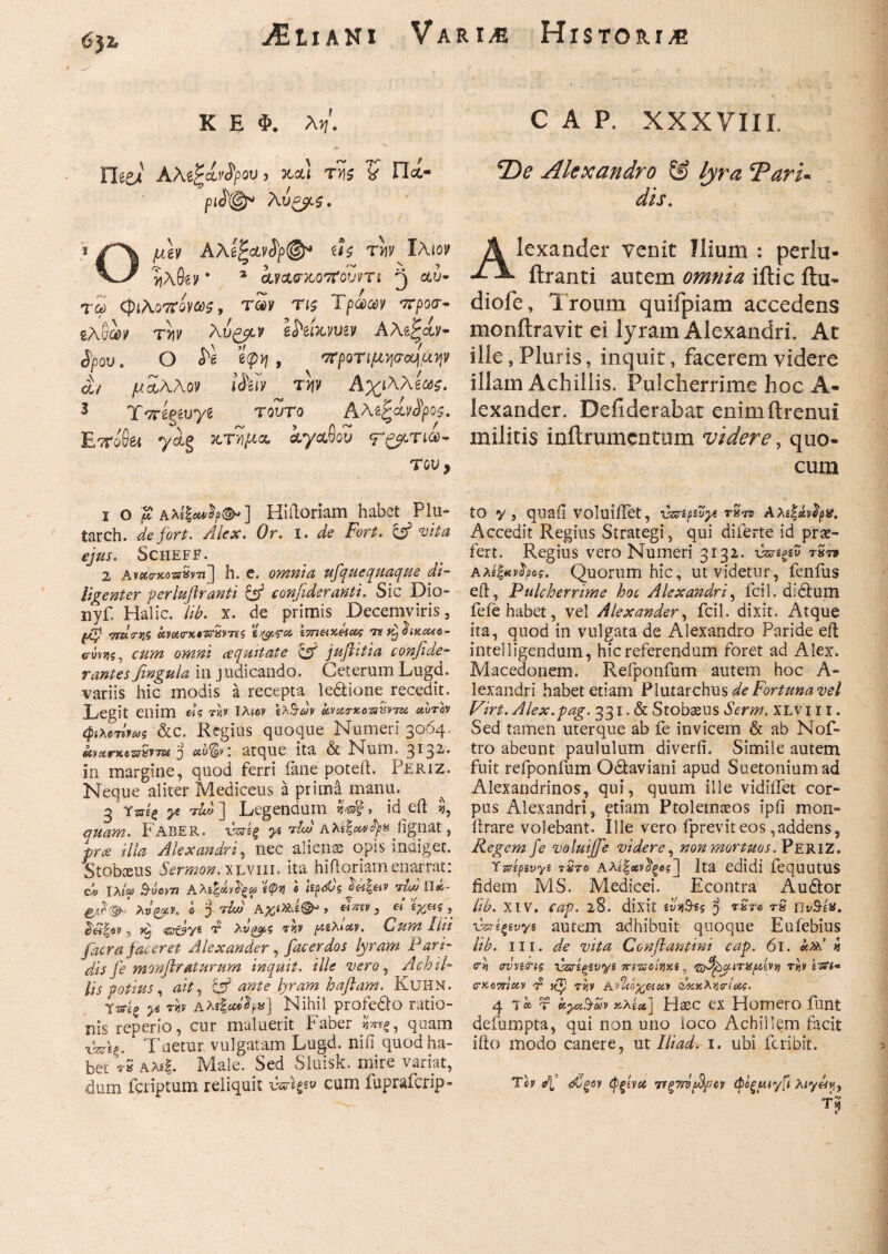 jEliaN! Vari^ Historia» K E Φ. λη. lleex AAe^avJ'ρου, kol) της V Π&- ριίφ* λύξβίζ. ϊ μ\ν Αλίζαν^ρφ* tU tw Ιλιον >)λθ«ν * 2 ivAVKOtfQVVTl ^ αυ- τω (φιλοπονως, τ£ν tjs Tp^y ττροίΓ- ζλ^οον Τ7]ν λν^ρον zizix-vvzv Αλζ^&ν~ ίρον. Ο ii ’ίφη, προτιμψοη,αφ a/ μάλλον iidv τνιν Αχιλλέως. 3 ΤτΓδΡέυγδ τούτο Α λζξα,νϋρος. Εττοδβι yig iyctfiov ψ^τιω- Του 9 ι ο j» AXii**fy@-] Hiiloriam habet Plu- tarch. de fori. Alex. Or. I. de Fort. & vita ejus. ScHEFF. 2 Avflio-xowSv-n] h. e. omnia ufque quaque di¬ ligenter perluftranti & confideranti. Sic Dio- nyf. Halic. llb. x. de primis Decemviris, μξ) πιΐνjj5 cwcHnct-zFisrrig \7ne.xk0u; τε hxa46- ctuujs, cum omni (equitate lyf juflitia confide- rantesfingula in judicando. Ceterum Lugd. variis hic modis a recepta le&ione recedit. Legit enim ti? A* Ιλίβν lA$-<y'v lt,va<nco-zs'0VTU αυτόν φλβ-nW &c. Regius quoque Numeri 3064 MvarfcezdyvTBi j ao%v · atque ita & Flum. 3132. in margine, quod ferri fane poteft. Periz. Neque aliter Medicetis a prima manu. ^ 3 Ύπίς y Ad ] Legendum , id eft S, quam. Faber, νπίξ y Au* lignat, prce illa Alexandri, nec alienae opis indiget. Stobaeus Sermon. xlviii. ita hiiloriam enarrat: c% Ιλίω $oem Αλίξάνϊζαι ίψν i ίίρόΰς |«» Au) Πά- gtr<&- λϋζρν. o 3 Aw ΑχιΧ.ί&* > ei/nv 3 « ίχ,&ζ, ^«|βν , Xj T? λΐ»£^65 Tfl* [AiXiClV. Cum Illi facra faceret Alexander, facerdos lyram Pari¬ dis fe monftraturum inquit·, ille vero, Achtl* lis potius, iZ*V, & ante lyram hafiam. KuHN. ΑλίΙίβο'^ν] Nihil profedlo ratio¬ nis reperio, cur maluerit Faber quam Tuetur vulgatam Lugd. niii quod ha¬ bet tS aasL Male. Sed Sluisk. mire variat, dum fcriptum reliquit vWlgsy cum fuprafcrip- C A P. XXXVIII. *T)e Alexandro & lyra cParU dis. Alexander venit Ilium : perlu¬ ftranti autem omnia iftic ftu- diofe, Troum quifpiam accedens monftravit ei lyram Alexandri. At ille, Pluris, inquit, facerem videre illam Achillis. Pulcherrime hoc A· lexander. Defiderabat enimftrenui militis inftrumcntum videre, quo- cum tO V, quail voluiifet, tjzripzvy rSm AXsftevfyif. Accedit Regius Strategi, qui diferte id prae¬ fert. Regius vero Numeri 3132. iWsgsw t»t» aλίξ**ϊρος. Quorum hic, ut videtur, fenfus eft, Pulcherrime hoc Alexandri, fcil. didtum fefe habet, vel Alexander, fcil. dixit. Atque ita, quod in vulgata de Alexandro Paride eft intelligendum, hic referendum foret ad Alex. Macedonem. Refponfum autem hoc A- lexandri habet etiam Plutarchus de Fortuna vel Virt. Alex.pag. 331. & Stobaeus Serm. xlvi i i . Sed tamen uterque ab fe invicem & ab Nof- tro abeunt paululum diverfi. Simile autem fuit refponfum Odlaviani apud Suetonium ad Alexandrinos, qui, quum ille vidiifet cor¬ pus Alexandri, etiam Ptolemaeos ipfi mon- ftrare volebant. Ille vero fpreviteos,addens, Regem fe voluijfe videre, non mortuos. PeriZ. ympevys 7Sto Αλε%Λν}ξβζ1 Ita edidi fequutus fidem MS. Medicei. Econtra Audior lib. XIV. cap. 28. dixit itfo&s ‘j rSro rS Πν$ε*. Ρπέζsvys autem adhibuit quoque Eufebius lib. ili. de vita Ccnfiantini cap. 61. bxd κ A) σννεο-ις Csτίξίνφε 7r?-zsoivixi, τ«ν ’rXi· fkoAoiv £ ^ rh Ay2to%6iC6* ΟΜκλησίοος. 4 i«f kytS-av kxU] Hxc ex Fiomero funt defumpta, qui non uno loco Achillem facit ifto modo canere, ut Iliad. 1. ubi feribit. 5 Th dj <£°a qfivu 7Τζ7το[λΙρ6ν όΰξίαγΓί λ(γ&η}