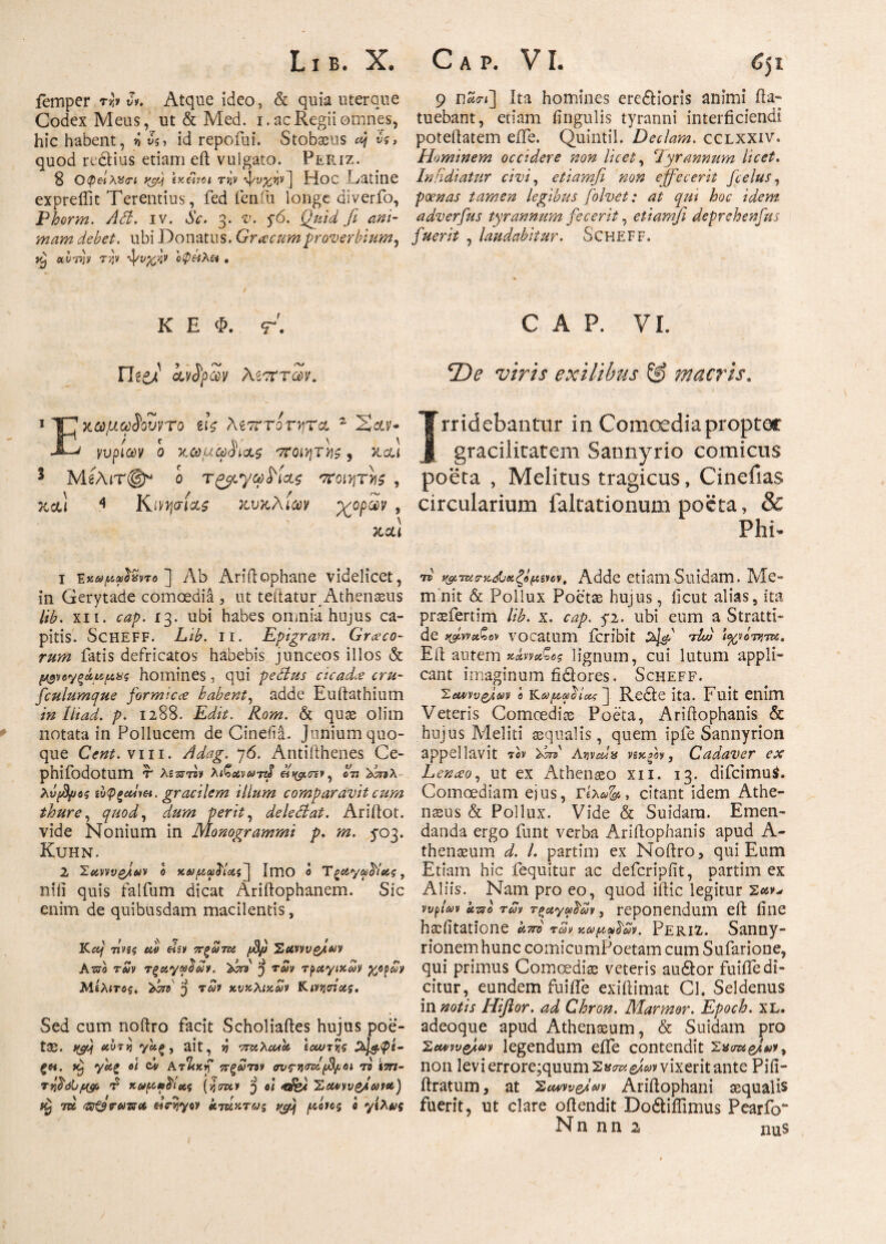 femper vi. Atque ideo, & quia uterque Codex Meus, ut & Med. i. ac Regii omnes, hic habent, ή id repofui. Stobaeus «/ νς, quod redtius etiam eft vulgato. Periz. S ΟφείλαοΊ y^j\ iy.chot r>iv Hoc -Latine expreifit Terentius, fed fenfiu longe diverfo, Phorm. Ad. iv. Sc. 3. v. f6. Quid fi ani¬ mam debet. ubi Donatus. Grtecumproverbium^ avdiv Tjjy βνχ^ν οφείλει * 9 e2«] Ita homines eredlioris animi fta- tuebant, etiam lingulis tyranni interficiendi poteilatem eiTe. Quintii. Deciam, cclxxiv. Hominem occidere non licet, Tyrannum licet. Infidiatur civi, etiamfi non effecerit fceius, poenas tamen legibus folvet: at qui hoc idem adverfus tyrannum fecerit, etiamfi deprehenfits fuerit , laudabitur. SCHEFF. κ E Φ. r. YIzza kvtyw Λεπτων. 1 ΊΓ7 χαμωίονντο etV λεπτότητα 2 Γ1 ' w ' ' κυρίων ο χωμωόια,ζ ποιητές, xcu s Μελιτ@* ο Tgpycpfricts ποιητή , χ&Ι 4 Κινψί&$ χυκλίαν χορών , xcu 1 tx#fA*}tsir6 ] Ab Ariftophane videlicet, in Gerytade comoedia , ut teftatur Athenaeus lib. xii. cap. 13. ubi habes omnia hujus ca¬ pitis. ScHEFF. Lib. II. Epigram. Graeco¬ rum latis defricatos habebis junceos illos & μ$ν»γζάν{Αϋς homines, qui pedus cicada cru- fculumque formicce habent, adde Euftathium in Iliad. p. 1288. Edit. Rom. & quae olim notata in Pollucem de Cinefia. Junium quo¬ que Cent. viii. Adag. 76. Antifthenes Ce- phifodotum τ λίτζΑν Xt^av&erd οτι Ατηλ λνβμος ίνφζοΐιει. gracilem illum comparavit cum thure, quod, dum perit, deledat. Ariftot. vide Nonium in Monogrammi p. m. 5Ό3. KlJHN. 2 Σαννυζ/,ων ο κωμαΡιας^ Imo ο T ξαγω^ίας, nili quis falfum dicat Ariftophanem. Sic enim de quibusdam macilentis, Kccf τίνις edi elu ττξωτα /thfj Σαννυζ^ων Awe των τξαγαΡων. Ad j των τραγικών χορών Μίλιτος, Ano 'j των χνκλιχων Κινηοΐας. Sed cum noftro facit Scholiaftes hujus poe¬ tae. xfi αοτη yae, ait, 55 οταλοαα ίοωχν,ς ζ&. κ, γαζ οϊ ci ArΊεκη πζωτοι σν<ΤΆodfijjoi 79 vm- τν$6[}μ&* 'P xuμνο^ΐας (ησζζν J 0! ΣΜίνν&Λωι*) κ) m «Vijyoy αταχτοι ς t@Jj μόνος ο γίλνς C A P. VI. De viris exilibus & macris. irridebantur in Comoedia propter graciiitatem Sannyrio comicus poeta , Melitus tragicus, Cinefias circularium faltationum poeta, & PhD d ·κζόμίΐον. Adde etiam Suidam. Me¬ minit & Pollux Poetae hujus, iicut alias, ita praefertim lib. x. cap. yi. ubi eum a Stratti- de t&waZo* vocatum fcribit tyQh Aw ϊχνότντκ. Eli autem χάνναΖος lignum, cui lutum appli¬ cant imaginum fidiores. Scheff. Έ,αννν&ίων ό καμα$1ας~\ Redle ita. Fuit enim Veteris Comcediae Poeta, Ariftophanis & hujus Meliti aequalis, quem ipfe Sannyrion appellavit τον Ad AyvaJy vixsh, Cadaver ex Lenteo, ut ex Athenaeo xn. 13. difcimui. Comoediam ejus, Γ«λ»δβ, citant idem Athe¬ naeus & Pollux. Vide & Suidam. Emen¬ danda ergo funt verba Ariftophanis apud A- thenaeum d. I. partim ex Noftro, qui Eum Etiam hic fequitur ac defcripftt, partim ex Aliis. Nam pro eo, quod iftic legitur Σοί^ vvplav kzso των τραγανών, reponendum eft fine haefitatione a A των χωρίων. Periz. Sanny- rionemhunc comicumPoetam cum Sufarione, qui primus Comcediae veteris audior fuifle di¬ citur, eundem fiiifte exiftimat Cl. Seldenus in notis Hiflor. ad Chron. Marmor. Epoch. xl. adeoque apud Athenaeum, & Suidam pro Σα*νυ&ων legendum eiTe contendit Σνιπχ&ίων, non levi errore;quums»£^^Lv vixerit ante Pifi- ftratum, at Σα^ν^Ιων Ariftophani aequalis fuerit, ut clare oftendit Dodtifllmus Pearfo“