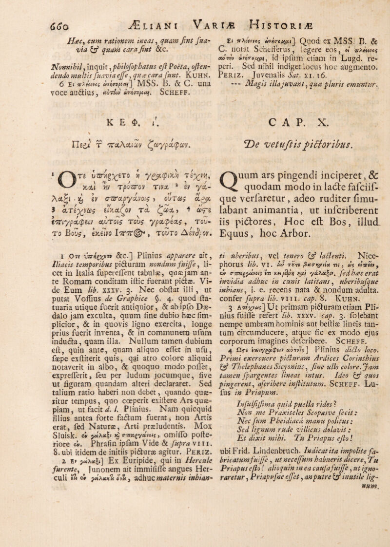 C6o ^Eliani Var ιά Historia Hac, cum rationem ineas, quam fint fua- via & quam cara fint &c. Nonnihil, inquit ,philofiophatus eft Poeta, often- dendo multis fuavia ejfe, qua; cara fiunt. Kuhn. 6 E» πλάοης mYiezpctfi] MSS. B. & C. una voce auctius , ahrlw avijwpaf. SCHEFF. K E Φ. /. πλΰονοζ Qaod ex MSS B. & C. notat Schetferus, legere eos, « πλήονος ocddjv avvrofWt id ipfum etiam in Lugd. re- peri. Sed nihil indiget locus hoc augmento. Periz. Juvenalis Sat. χι.ιό. — Magis illa juvant, qua pluris emuntur, . ..... ■ C A P. X. ΠίΖΑ r παλαιών ζωγράφων. De vetuftis pfitoribus. i / lίζετϊιξχίτο y γζρ,φιχ,τι τβχνη, 7C3LI y, y T pQTiTQV Tiva 2 \v yd- AotSi · h στζταργανοις ) oi/tcos αργό _ 5 / 3/0 \ o ~ . <·/' 3 ojxtypvu^ iiy~oL(ov τα 4 ωτβ ίτηγρίφ&ν αντοις τους γραφίας, τού¬ το Βοι^, ex^o , toSto AavJW. Quum ars pingendi inciperet, & quodam modo in ladte fafciif- que veriaretur, adeo ruditer fimu- labant animantia, ut infcriberent iis pidores, Hoc eft Bos, illud. Equus, hoc Arbor. 1 Ots νζπίξχ&τ* &c.] Plinius apparere ait, Iliacis temporibus pi61 uram nondum fiuifife, li¬ cet in Italia fupereiient tabulas, quae jam an¬ te Romam conditam illic fuerant pidlae. Vi¬ de Eum lib. xxxv. 3. Nec obdat illi , ut putat Voffius de Graphice §. 4. quod da- tuaria utique fuerit antiquior, & abipfo Das- dalo jam exculta, quum line dubio hasc ii tri¬ plicior , & in quovis ligno exercita, longe prius fuerit inventa, & in communem ufum indudla, quam illa. Nullum tamen dubium eft, quin ante, quam aliquo eifet in ufu, faspe exditerit quis, qai atro colore aliquid notaverit in albo, & quoquo modo poliet, expreilerit, feu per ludum jocumque, live ut figuram quandam alteri declararet. Sed talium ratio haberi non debet, quando que¬ ritur tempus, quo coeperit exidere Ars quas¬ piam, ut facit d.l. Plinius. Nam quicquid illius antea forte fadlum fuerat, non Artis erat, fed Naturas, Arti praeludentis. Mox Sluisk. dv tpj στπχ,ξγοίνιας , Qmiiib pofte- riore dv. Phraiin ipfam Vide & fiupra vm, S. ubi itidem de initiis pidlurae agitur. Periz. 2 Ex 1] Ex Euripide, qui in Hercule furente, Junonem ait immiliiTe angues Her¬ culi 'db dv γάλκχΊί dJU 5 adhuc maternis inhian¬ ti uberibus, vel tenero & ladlenti. Nice- phorUS hb. VI. hj tSτο τις, <y? dv (Γ7ΓΝ,ξ}ά\ΐ4ΐζ ίτπ vfi γάλαξιν, fiedhcec erat invidia adhuc in cunis latitans, uberibufique inhians, i. e. recens nata & nondum adulta, confer fiupra lib. vm. cap. 8. Kuhn. 3 A7i>*i].Ut primam pidluram etiam Pli¬ nius fuiife refert lib. xxxv. cap. 3. folebant nempe umbram hominis aut bedias lineis tan¬ tum circumducere, atque iic ex modo ejus corporum imagines defcribere. Scheff. 4 Ωγϊ uΙη>Ίς\ Plinius dicio loco. Primi exercuere pifiuram Ardices Corinthius & fihelephanes Sicyonius, fine ullo colore, fiam tamen fipargentes lineas intus. Ideo & quos pingerent, aficribere infiitutum. Scheff. Lu~ fus in Priapum. Infiulfijjima quid puella rides ? Non me Praxiteles Scopas ve fecit t Nec fium Pheidiacd manu politus ; Sed lignum rude villicus dolavit; Et dixit mihi. Tfu Priapus efio l ubiFrid. Lindenbruch. Indicat ita impolite fa¬ bri catum fiuifie , ut nece fium habuerit dicere, Tfiu Priapus efio! alioquin in ea caufafuijfie, ut igno¬ raretur , Priapvfne effiet, an putre & inutile lig¬ num.