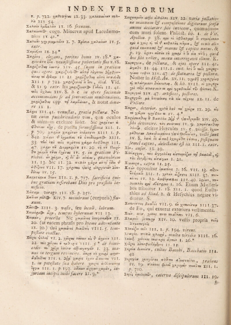 T. p. 722. xaXizsyea IX.33. X&hiwcdvav πτλ- λα XII 54. Χαλινόν ίμζαλνν ιχ. 16- frenum. χ*λκίοίκ&' cogn. Minerva; apud Laccdoemo- nios ix. 41.* Χ&λκΧν y^ [Atf&rtioy X. 7, Xpvcna. χαλκείων IV. J. extr. Xet/adCvt) IX. 24·* , elegans,, peritus homo iv. 18.* %<*- eji-rarr, . venufiifijimce pubertatis flos x. 18. X»ζ/,ξίσ$ίη IcwTcti xiv. 45·. fuam in gratiam (JUiu agere. χχ&ζφ’ά abn) Aiygro* tkjg.ppov- 'luruj το Ipaftgt, II 2 1 ,{&£/. £s<r§aj αυτή irwdObs xi i i p 712. χ^ζ/ζομΑ ΐ* Ί*η , Vid. & Xi 9 extr. ita %χ>ζ/ζομίνί&· ΐ\3ο7ς ri. 41. vs?? οχλοΐ$ xiv. 8, h· e z’# opere faciundo accommodans Je aci fient entiarn multitudinis. Zged&hcy opp tJ' kup&im*, & notat dona¬ re ix 1. 'Zet&s xii. 41. venuftas,, gratia pidlur<e. No tat pulchritudinis vim, quse oculos & animum excitare ioict- S 1C pMCQAT*) V ei QStvieuf cijg, de pnelda formofijjima xii. 1. /09' Χ*>&*** χα·ξ/,των ανάμΐ^ον XI ii I. p. 842. <ν ϊζγχσίας τδ ντπ^μ&νίδμ XIII. ^3 Αν) «Η *ττ?5 7Γξάτοΐς χάζ/,ν όΐίφ$·&ξί ] II. 47> Χοίβ^ν τδ Δνμ$κ&ί7% ιν. 20 Η τδ Π«ξ(- ggesbh τχ'π Ιξ^Ιΰ-Άζ ιν. q. i η gratiam Pi¬ rithoi. m %de,iv, ^ cY <Υ audiat* , quamobrem II. 13. Sic II. 32.· ΤΓΒΪλκν χάξιν αΰττί fpet 12 άφιλος VII. 17» \Α'ίξ ίΙίξγίσΊαν Άπν- oivuj IV. 15'. XueArsie/cc Sh)&v xii. r. p. 717. facrificia qui¬ bus gratiam referebant Diis pro proflito be¬ nefit io. Χάσ-μμ, vorago 111. 18. p. 271. .littum» pix©* xiv. 7· membrum (corporis)_/?&- xum. Χβλ®~ xiii. 3, vafis, feu loculi, labrum. X«,M££i{?^. , tempus hybernum'v 11 13. Χαμών, procella Sic χειμων>οζ tTiityivojtSpiS IX. 20. (at eadem phrafis pro hyeme adventante IX. 30.) lisrfi χ&μωνί,ζ βνχοοεϊ$ Vlil.j. £έ7ίζ- p e fiat e coadlus. X&pss fi2aj vi. 2. thvhv di T hpg-vcv >. IT, 22. 7W5gfipui δ ι&.&χξοί 'vi ii. q * ^’ί homi¬ cidis- TZ.‘ ιπίο-ύ) Αξιαγκγ&ν I. 33. ma- nus m tergum rei nare, wapcc τδ χε^-fii a&iii&coi Xii. {, sbjcp χ&ζος ίχ&ν oIttsivtu VII. I. in pote jiat e fua habere χ&ξ^ς ά,ν^ί ωδίνης *ξ7°ι III. I. p 193. ubiKCOv άξχ&ν χαρ&y 3 m- fipriam. incipis mihi facere ii. 94· ΧΗζονομπν «Α«λκ{ χιν. 22. varia jadatio- ne manuum. Q2 cumpojitione digitorum jenjct· animi declarare fibi invicem, ouernadmo- dum muti folent. Fhiioih lib/1. de Diu. /Ipollon. P 38. 1{CM οι ϋφΤΙία'Λyc;l C’u (fVJUCtj v%a'i9 HSM *> Χ&ζ 4 τ® ς2 κίφαλ'ϊζ νάμα. , <?'/;- quid innuunt manus (jT capitis nutus. Sc p. 19. «Jgsre ccvtov τη χ&ΐξ/. o °u eaj rxfy 3 quid hoc fibi vellet, manu interrogavit illum. K. Χ«ρχξγια} de piedura, ά ejus1 opere xi 1.41. 11 - 44· 111. r. init. iri b* τζίϊς χ&ξ%ζ- yiaui ροψον χιν. 47 defiatuaria cjp pidlura. Noiter in Dtfi.An. xv. 11. γραφτή χίξΐ%ξ*/ία$ ibj πλαο-μασί ohkwtc^ . & lib. XVII. οι χϋξ%ξ- pi Ot&t πλαπκίνη ^ y^aφικL·b τ7η (pvrias.K* Xuex^yoi χιν 47 artifices, pudores. Xuge^ym μν ίττιζιάνας, 7 a ed Άχης IX, If. de Ptblore Χ&ξαν, deterior, χολίί £&} TO’ χ&ξω χχ. 29. «s το x&i^ov ytjfepav 71 JV. 4.* Χ$ΐξάσηβη$ΐej τ Βαστλεα t2jg. χζζοίίξαμνς χιν. 49,. 'fibi devincire. %k% ονηντν,ς iv. 9, χαράσ·&<τ§οφ 'λίον& dicitur Hercules iv. $. vicifie. Ιχα» paSvcra# Αααάΰ^μβνίοί vzeo (prhcJ.m 3 viili junt I V. 8. £Σν« c\ ατπ',ξ ίχίίξ&^ί} THTiic, pofiquam Jemel captus, dei e dia tus efi iis. xn. 1, extr. an fer. ix. 20. Χιλίαξχοζ , rus νγγίλίζς ασ-κομΐξαν rd /3*«λ« , τίίί όεομρανς euraym 1. 21. ΧίμΜζα , capra I f. 2 f. opponitur ιμα-ηοις j. 16. VII. 13. 'vAYjUxU XI1. j. γιτων αζύ)ζ·ύς XIII. 37. τηί- χί/βζ i v. 22. αμφίμα^ϋς I I J. 40 igjwv, ττο- λντϊλν* φ] όΰτίτζ/.6ς ι. ιό. Etiam Mulierir bus tribuitur 1. 18. xn. i. qUOd Eu fla· tlistis ad luad, b. ck Heiychius necare vir demur. S. Χιτώνα?κοζ βαζΡ,ος VII.Q. c41 χ^τζύνίσχίύ XII I.3V». de I:o, qui exuerat exteriora veiiimenta. Xicuv nix. ggivog 7r?-7T τπ&Ίχσνί VI] . ό. Χλαμ^ fvyrapfi χΙΥ. iQ. veitis propria τ*7ξ. Στρατνιγο7$, Χλοα'ξον -τά.ν 11 τ, j. p. Τ94* virens. ΧΛ*>ξος. 7rpm.lt χλί*ςρ> multa viridia xiri. 16. λοινίζ. gainxif τεατχ,ξί; αοτα,ν χ. 2.6.* Χ,άξύς Ρτπι.!τφχ7}ό[3μ6ς j j . jj XVn Aicntni, cultus Bacchi, Bacchatio m. 42 Τοξζγίαι. βοηγήο-ζς ττλζτζν Λφ^οτ/λκ , / rxbfUS ϊν. Τ9· ίτλδτβ?· χβξν;γ£* τνίχϊτζχ ‘XII. I. ρ. 7Jo. ΧΑ/δ,' ομίΛΥ,πΖν, caterva difdpulorum m, 19. i- ■