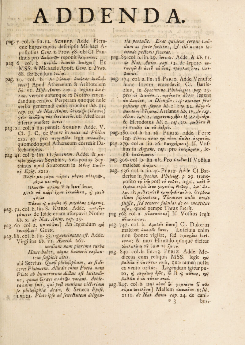 Λ pag. 5\col.b. Ιίη. 12. Scheff. Adde Plera¬ que hujus capitis defcripiit Michael A- poilolius Cent. x. Prov. 5-8. ubi Cl. Pan- tinUS ρΓΟ Αχίμον^· reponit ^Λίμονιαις. pag. 6- coi. b. exdvlw ίπό%ρ*».] Ex MSS*. & Michael e Apoffc. Cent. x. Prov. 68. icribendum tia pertulit. quidem corpus vali¬ dum ac forte fortitus, ς^3 illi nomen la¬ titudo pedoris fecerat. 89.col.b.lin.29. ivrctut. Adde, hlib.ii, de Nat. Anim. cap. ij. de lepore· τηγορπ fc avi* tes ετ»ί, τράγλχζ Ttvxi *ώ?·~ φοανων, ' - pag. 20. col. b· A< α^λχς civxZdj- vsnv] Apud Athenaeum & Ariftotelem lib. vi. Hijh Anim. cap. 2 legitur άa*- λί«ί. verum utrumqueex Noilro emen¬ dandum cenfeo. Perperam quoque huic verbo generandi catus' tribuitur lib. 11. cap. IO. de Nat. Anim. ατίμαζα {dixzsod) youv xvx^tjvccf Τϋζ αντ^ί, ubi JVledlCeUS diferte profert αντί* pag. 21. col. a. lin. penuit. Scheff. Adde. V. Cl. J. C. de Pauw in notis ad Philen XXX. 40. ptO nv(>cf->hd)‘X’ legit artXeiada. quomodo apud Athenaeum correxit Da- lechampius. Λ* pag. 41. col· b. lin. 11 . juvenem. Adde. & μ*· *.f*s X*&rxs Scythius, vel potius Scy- thinus apud Stratonem in inirx πa*h· Epig· XXIX· ΙΊλ^ίν μοι μΙγχ πημχ , μίγχς πίΧ:μ(§μ ? μ%γ<& μα πυρ , liXtos(&> πληρης τ U μωτ him. A viet vw y-ajpl ϊχοον 'tKx.cnfc.Kot, vf, μη k T&T&r Πάΰ-ας fb μακρας μζγχΧχς χκ&πης. pag. 52. col. b. lin. 8- Kuhn. Adde, παΧιΖο- ράτατο* de Ibide etiam ufurpavit Noiler lib. x. de Nat. Anim. cap. 29. pag. 60 cola. Ε*π*ιίψ««] An legendum ^ ί^ίκΰ'ψίί? ? GeSN. pag. 88. col.b.lin. 33.cognominatus eft. Adde. Virgilius lib. vi. ALneid. 667. medium nam plurima turba Hunc habet, humeris exfian- tem fufpicit altis. ubi Servius. Quafi philofophum, ac fi di¬ ceret Platonem. Alludit enim Poeta, nam Plato ab humerorum ditius efl latitudi¬ ne , quam Graeci πΧχτ(§μ vocant. Athle¬ ta enim fuit, pofl omnium vidoriam fe philofophice dedit. & Seneca Rpifi. LV1 Ii· Platoipfe ad fe nefiat em diligen- pag. 174. col. a.lin. 18.Pbriz Adde.Venufte hunc locum emendavit Cl. Battis- rius, in Specimine Philologico pag. 29. pro dv Aiotur*... προνκΗΤΛ ά&λον legens dx Amiti <rv y a Dion fio. . .praemium pro- pofitum efl. fupra lib. 1. cap, iz. c* β»<?ίλία?ς fcfcpwot. Arrianus lib. iv. de exj>. Alex. cap. 2* ez&crTSvxy/ofyiov f| Αλί|χνδξ*. & Herodotus lib. 1. cap. 10, μχηϊτχ fa τ» ποι%!}ίν da τδ αν$ρύζ. pag. 180. col. b lin. 16. Periz. adde. Forte leg. Γίνηος πίναν s(fj ούτος αχζχτως, pag 279. coi.a. lin.26. Επεζ&ξηπν] If Vof- ii li s in Argum, cap. pro \·κΐχΗφ<ην, le- . . git ιπ&ΰ,μγ4<ην. pag. 306. col. b. lin. ult. Pro olpotom If. Voflius i malebat dtvxput., pag. 5-36 col. b. lin. 40. Periz. Adde. Cl.Bat- tierius in fpecim. Philolog. p 29. trans- poiltO t« poft ro σοφον , legit, μ»}\ r Ορφίοί σοφίν eVTtt yiyoviuy θροΐφ , etSid οίλ- λως τχς μν&χς etirtii >&7·&φ<Α>τα<τ%αι, Orphea illum faptent em , fibrae em nullo moder fuijfie, fed temere fabulas de eo mentitas ejje, quod nempe Thrax fuerit. pag y68 cola. ACeoWf»*] If. Voifius legit α&χσχχντας. pag. 747. col. b. Αμάν* vmxj Cl. Dukerus malebat αμαρών υπνχ. Lufcinia enim non fponte vigilat, fed τιμω&α* e»r/- wrct: & mox Hirundo quoque dicitur ‘ZhrcXaXtvομ τδ i/srvSi το χμισο. pag. 840. col.b. lin. 1 g. Periz. Adde. Me¬ dicetis cum reliquis MSS. legit yfii βχ$ΗΑ jj dxTXTui crxix, quae tamen nulla ex vento oritur. Legendum igitur pu¬ to, yf) txiyuXuf apv$, iU o\ πίνκοη, ngj βχ§£ιχ jj dx T»r<wv srxtx. pag. 845*· COi.b. ΠίρΙ χυτά' fgl γυμικσιχ ‘fa' παν σωμαικτίλ a<raj JVlallem dx&ovSozz. Ut lib. xiii. de Nat. Anim. cap. 24. de canir