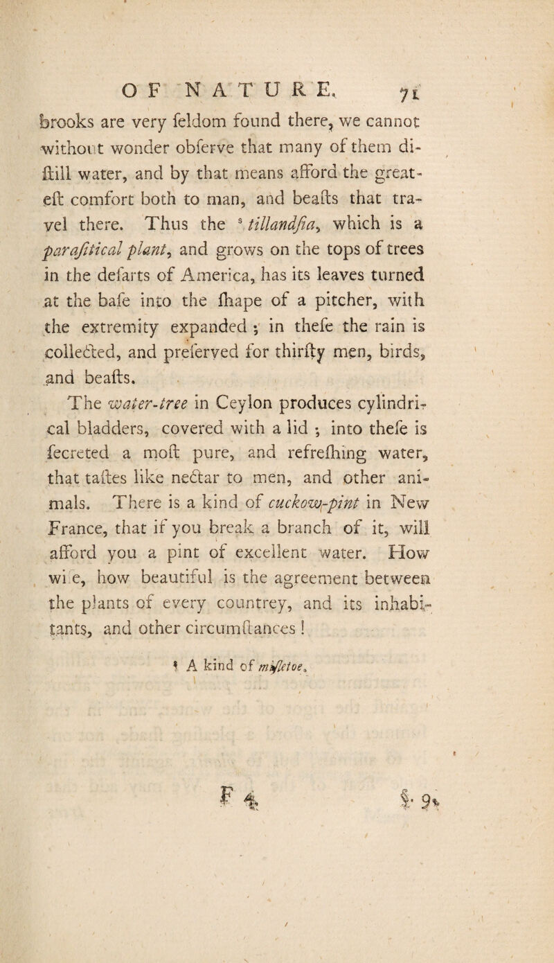 brooks are very feldom found there, we cannot without wonder obferve that many of them di- ftill water, and by that means afford the great- eft comfort both to man, and beads that tra¬ vel there. Thus the s tillandfia, which is a parajitical plant, and grows on the tops of trees in the defarts of America, has its leaves turned at the bafe into the fhape of a pitcher, with the extremity expanded \ in thefe the rain is collected, and preierved for thirfty men, birds, and be aits. The water-tree in Ceylon produces cylindri¬ cal bladders, covered with a lid ; into thefe is fecreted a moft pure, and refrefhing water, that taftes like nebtar to men, and other ani- mals. There is a kind of cuckowrpint in New France, that if you break a branch of it, will afford you a pint of excellent water. Flow wi e, how beautiful is the agreement between the plants of every countrey, and its inhabi¬ tants, and other circumftances! * A kind of