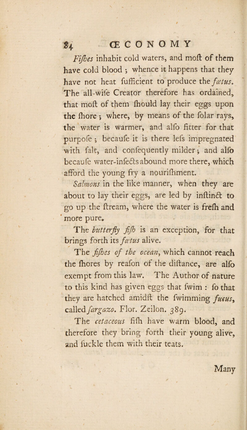 Fife es inhabit cold waters, and mo ft of them have cold blood ; whence it happens that they have not heat fufficient to produce the foetus, The all-wife Creator therefore has ordained, that moft of them fhould lay their eggs upon the fhore *, where, by means of the folar rays, the water is warmer, and alfo fitter for that purpofe ; becaufe it is there lefs impregnated with fait, and confequently milder; and alfo becaufe water-infedbs abound more there, which afford the young fry a nourifhment. Salmons in the like manner, when they are about to lay their eggs, are led by inftindt to go up the ftream, where the water Is frefh and more pure. The butterfly fifh is an exception, for that brings forth its foetus alive. The fljhes of the ocean, which cannot reach the fhores by reafon of the diftance, are alfo exempt from this law. The Author of nature to this kind has given eggs that fwim : lo that they are hatched amidft the fwimming fucus3 called jargazo. Flor. Zeilon. 389. The cetaceous fifh have warm blood, and therefore they bring forth their young alive, and fuckle them with their teats. Many