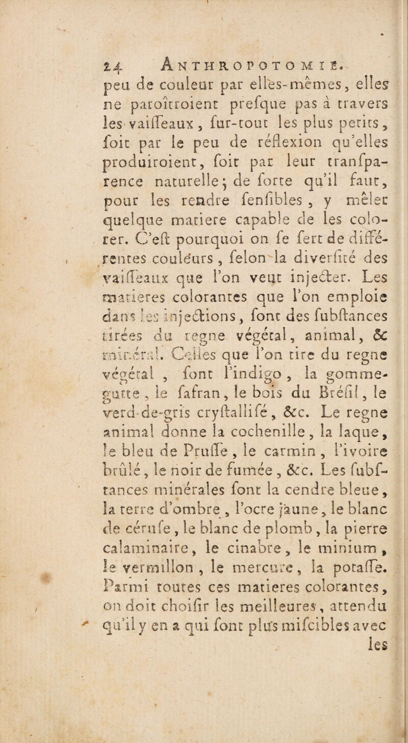 » £4 Ânthropoto M ï !. peu de couleur par elles-mêmes, elles ne paroitroienr prefque pas à travers les vaiffeaux , fur-tout les plus petits, foie par le peu de réflexion qu’elles produiroient, foie par leur tranfpa- rence naturelle} de farte qu’il faut, pour les rendre fenfibles , y mêlée quelque matière capable de les colo¬ rer. C’efï pourquoi on fe fert de diffé¬ rentes couleurs , félon la diverfué des rai fléaux que l’on veut injeéfer. Les matières colorantes que l’on emploie dans les inje&ions, font des fubflances tirées du régné végétal, animal, 5c miner:-;!. CeUes que l’on tire du régné végétai , font l’indigo , la gomme* £mî.?e » le fafran, le bois du Bréfll, le verdde-gtis cryftaiîifé, &c. Le régné animal donne la cochenille, la laque, le bleu de FrulTe , le carmin , l’ivoire brûlé, le noir de fumée , &c. Les fubf- rances minérales font la cendre bleue, la terre d’ombre , l’ocre faune, le blanc de cérufe , le blanc de plomb, la pierre calaminaire, le cinabre, le minium, le vermillon , le mercure, la potafle. Parmi toutes ces matières colorantes, on doit choifir les meilleures, attendu qu’il y en a qui font plus mifcibles avec les