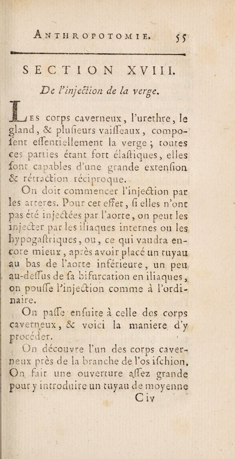 SS S E C T I O N X V 11 I. De F injection de la verge. J^jes corps caverneux, l’uretlire, îa gland , Sc pLufieurs vaifleaux, compo- ient eflTentiellement la verge ; routes • ( O * ces parties étant fort élaftiques, elles font capables d’une grande extenfion oC rétraction réciproque. • O a doit commencer i’injedtion par les arreres. Pour cet effet, fi elles n’ont pas été injectées par l’aorte, on peut les injecter par les iliaques internes ou les hypogaftriques, ou, ce qui vaudra en¬ core mieux , après avoir placé un tuyau au bas de l’aorte inférieure , un peu au-dellus de la bifurcation en iliaques, on pouffe l'injection comme à l’ordi¬ naire. On palfe en fuite à celle des corps caverneux, Sc voici la maniéré d’y procéder. On découvre l’an des corps caver¬ neux près de la branche de l’os ifchion. On fait une ouverture affez grande pour y introduire un tuyau de moyenne C iv