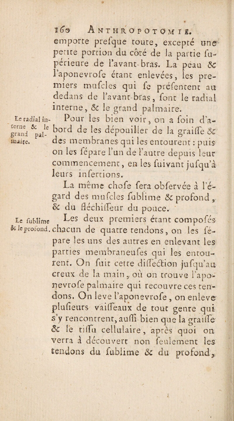 emporte prefque toute, excepté une petite portion du côté de la partie fu- périeure de l’avant-bras. La peau l’aponevrofe étant enlevées, les pre¬ miers mufcles qui fe préfentent au dedans de 1 avant-bras, font le radial interne, & le grand palmaire, radial in- Pour les bien voir, on a foin d'a« grand ^pal-2 ^oï<^ ^es dépouiller de la graille & maife. des membranes qui les entourent : puis on les fepare 1 un de l’autre depuis leur commencement, en ies fuivant jufqu’à leurs infections. La même chofe fera obfervée à l’é¬ gard des mufcles fablime & profond 5 & du fléchüleur du pouce. * le fablime Les deux premiers étant compofés k 1cprofond, chacun de quatre rendons, on les fé- pare les uns des autres en enlevant les parties memhraneufes qui les entou¬ rent. On fuit cette difTeétion jufquai* creux de la main, où on trouve l’apo¬ nevrofe palmaire qui recouvre ces ten¬ dons. On leve l’aponevrofe , on enieve plu {leurs vaifleaux de tout genre qui s’y rencontrent, audi bien que la gratife Sc le tilTIi cellulaire, après quoi on verra à découvert non feulement les tendons du fublime Sc du profond.