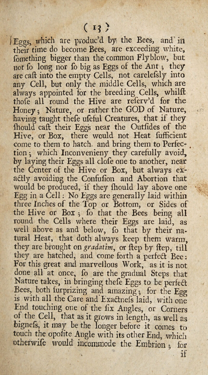 (*?) j Eggs, which are produc’d byi the Bees, and' in their time do become Bees, are exceeding white, fomething bigger than the common Flyblow, but not fo long nor fo big as Eggs of the Ant; they are call: into the empty Cells, not carelefsly into any Cell, but only the middle Cells, which are always appointed for the breeding Cells, whilft thofe all round the Hive are referv’d for the Honey •, Nature, or rather the GOD of Nature, having taught thefe ufeful Creatures, that if they fhould caft their Eggs near the Outfides of the Hive, or Box, there would not Heat fufhcient come to them to hatch, and bring them to Perfec-, tion \ which Inconvenieny they carefully avoid, by laying their Eggs all clofe one to another, near the Center of the Hive or Box, but always ex¬ actly avoiding the Confufion and Abortion that would be produced, if they fhould lay above one Egg in a Cell: No Eggs are generally laid within three Inches of the Top or Bottom, or Sides of the Hive or Box ; fo that the Bees being all round the Cells where their Eggs are laid, as well above as and below, fo that by their na¬ tural Heat, that doth always keep them warm, they are brought on gradatim, or ftep by ftep, till they are hatched, and come forth a perfect Bee: For this great and marvellous Work, as it is not done all at once, fo are the gradual Steps that Nature takes, in bringing thefe Eggs to be perfedt Bees, both furprizing and amazing •, for the Egg is with all the Care and Exactnefs laid, with one End touching one of the fix Angles, or Corners of the Cell, that as it grows in length, as well as bignefs, it may be the longer before it comes to touch the opofite Angle with its other End, whicli otherwife would incommode the Embrion ; for J • if 1