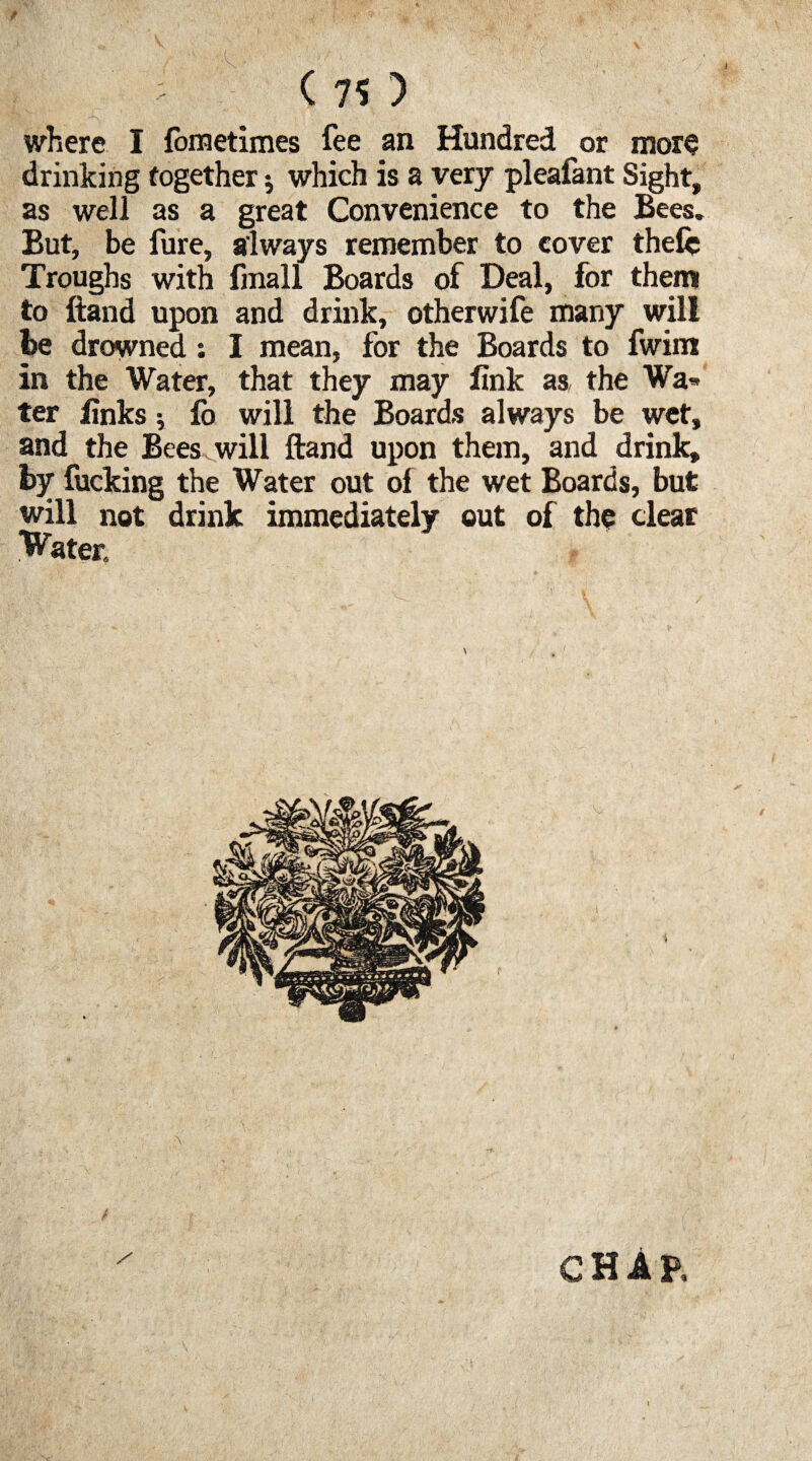where I fometimes fee an Hundred or more drinking together; which is a very pleafant Sight, as well as a great Convenience to the Bees. But, be fure, always remember to cover thefc Troughs with fmall Boards of Deal, for them to ftand upon and drink, otherwife many will be drowned: I mean, for the Boards to fwim in the Water, that they may fink as, the Wa¬ ter finks; fo will the Boards always be wet, and the Bees , will ftand upon them, and drink, by fucking the Water out of the wet Boards, but will not drink immediately out of the clear “Water.