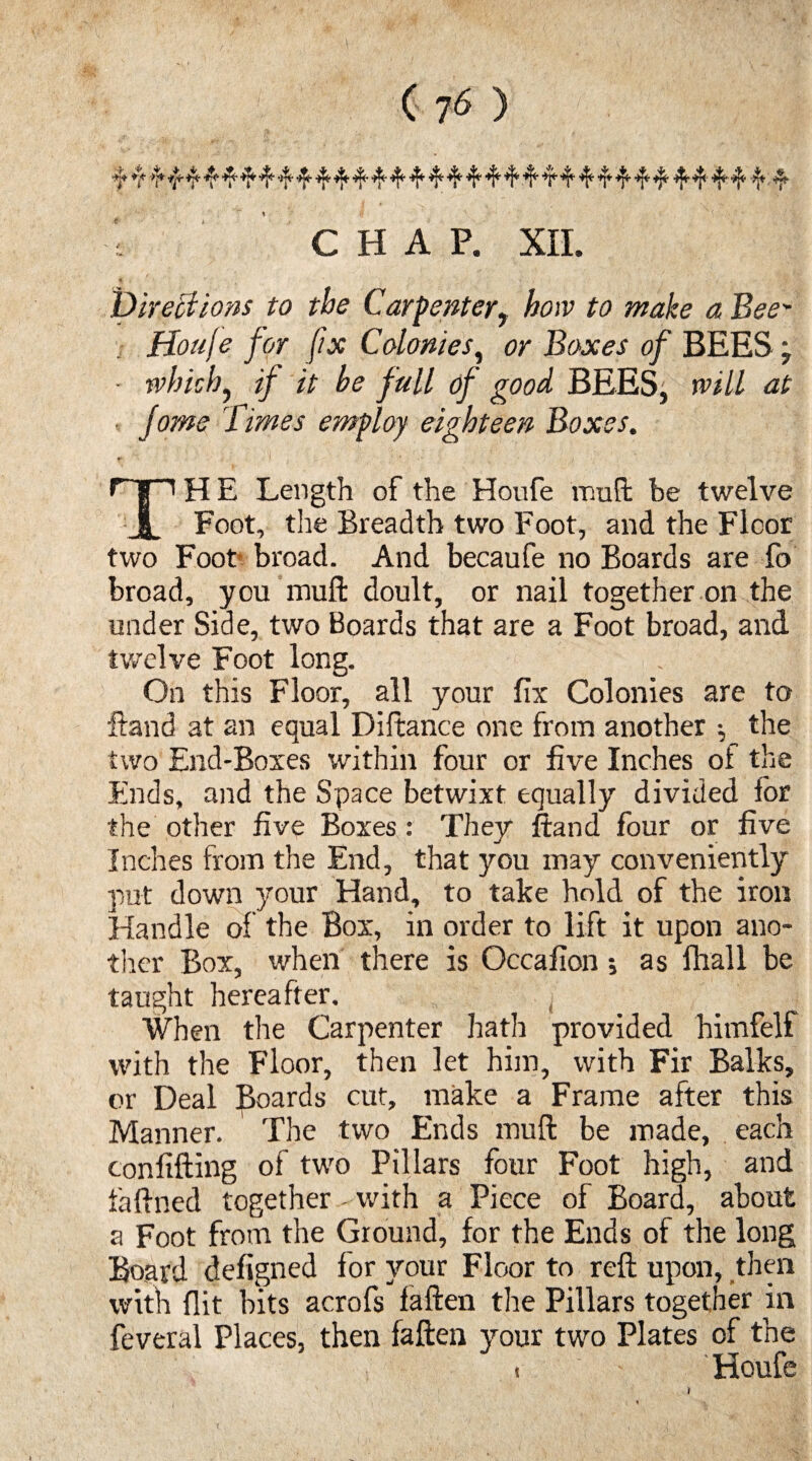 ( ) r 4' 4’ ^ '>j+ 'i'p' fj* f* • CHAP. XII. Directions to the Carpenter, to make a Bee' Houfe for fix Colonies, <?r Boxes of BEES; ■ which, if it be full of good BEES, will at jome Times employ eighteen Boxes. THE Length of the Houfe mud be twelve Foot, the Breadth two Foot, and the Floor two Foot broad. And becaufe no Boards are fo broad, you mull: doult, or nail together on the under Side, two Boards that are a Foot broad, and twelve Foot long. On this Floor, all your fix Colonies are to Hand at an equal Diftance one from another •, the two End-Boxes within four or five Inches ol the Ends, and the Space betwixt equally divided for the other five Boxes: They ftand four or five Inches from the End, that you may conveniently put down your Hand, to take hold of the iron Handle of the Box, in order to lift it upon ano¬ ther Box, when there is Occafion; as fhall be taught hereafter. When the Carpenter hath provided himfeli with the Floor, then let him, with Fir Balks, or Deal Boards cut, make a Frame after this Manner. The two Ends muft be made, each confifting of two Pillars four Foot high, and faftned together - with a Piece of Board, about a Foot from the Ground, for the Ends of the long Board defigned for your Floor to reft upon, then with flit bits acrofs fallen the Pillars together in feveral Places, then fallen your two Plates of the t Houfe