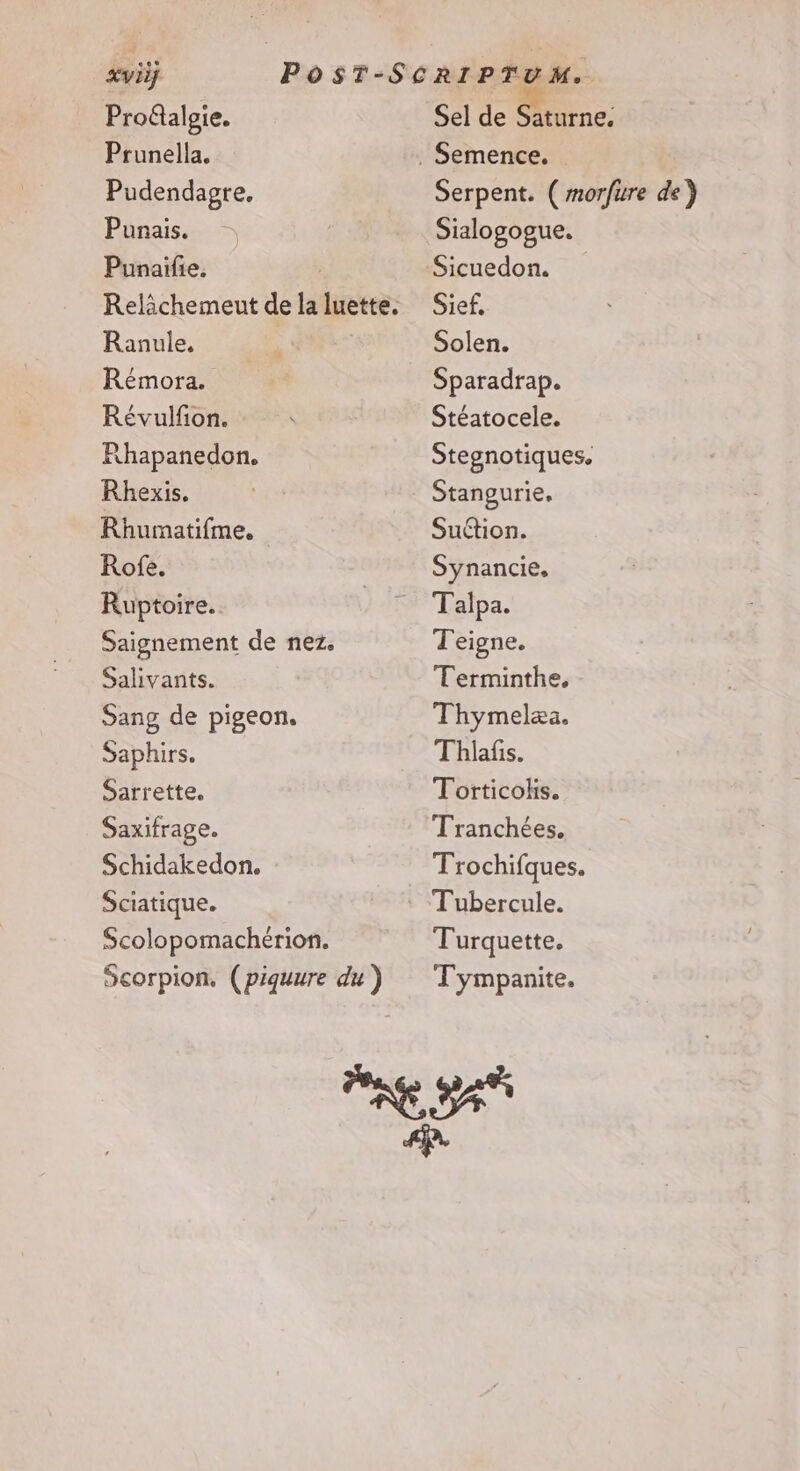 Proûtalgie. Prunella. Pudendagre. Punais. Punaifie. Relichemeut de la luette. Ranule. | Rémora. Révulfon. Rhapanedon. Rhexis. Rhumatifme. Rofe. Ruptoire. Saignement de nez. Salivants. Sang de pigeon. Saphirs. Sarrette. Saxifrage. Schidakedon. Sciatique. Scolopomachérion. Scorpion. (piquure du ) Sialogogue. Sicuedon. Sief, Solen. Sparadrap. Stéatocele. Stegnotiques. Stangurie. Suttion. Synancie, Talpa. Teigne. Terminthe. Thymelæa. Thlafis. Torticolkis. Tranchées, Trochifques. Tubercule. Turquette. Tympanite.