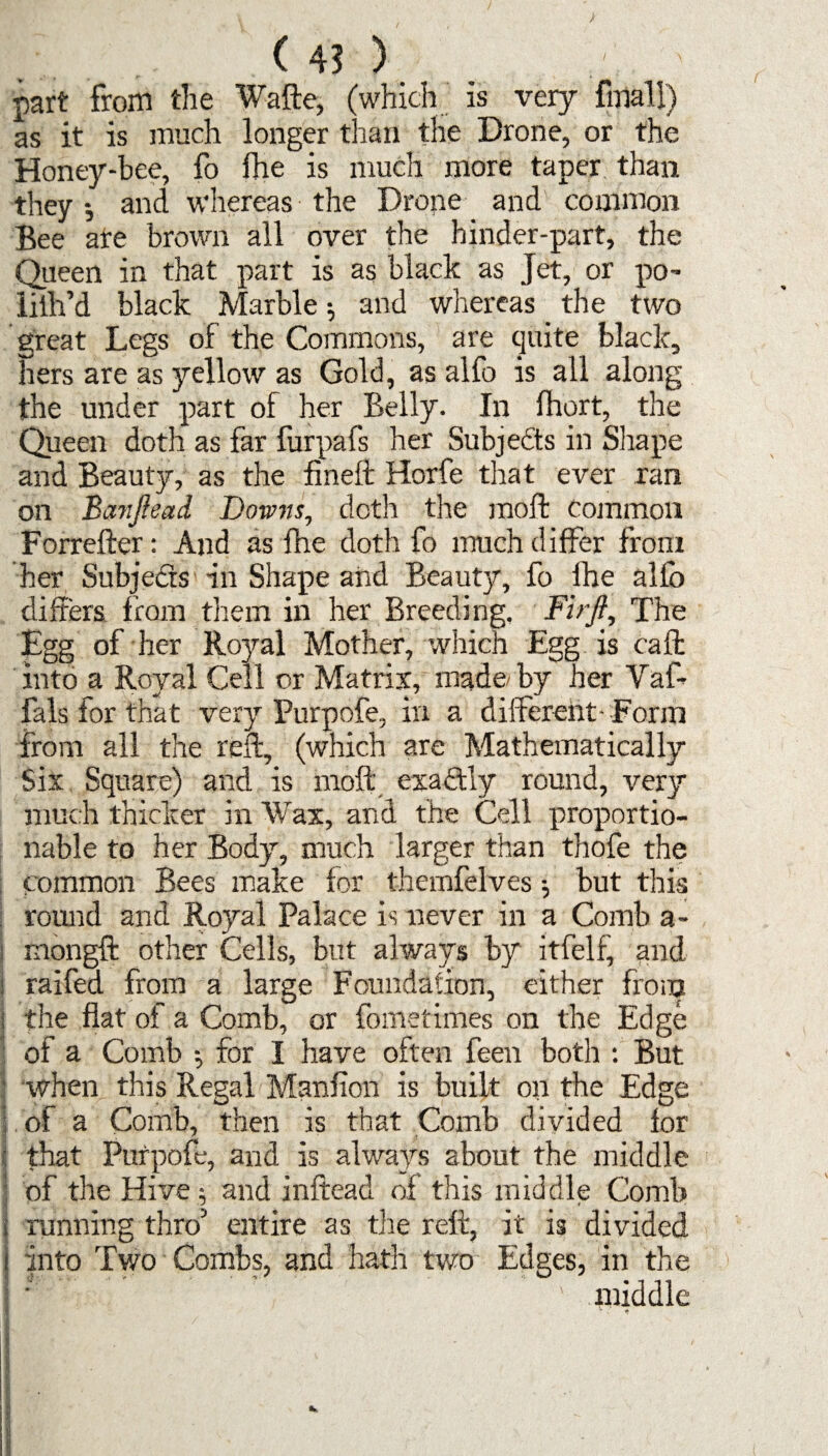 part from die Wafte, (which is very fmall) as it is much longer than the Drone, or the Honey-bee, fo fhe is much more taper than they-, and whereas the Drone and common Bee ate brown all over the hinder-part, the Queen in that part is as black as Jet, or po- liih’d black Marble; and whereas the two great Legs of the Commons, are quite black, hers are as yellow as Gold, as alfo is all along the under part of her Belly. In ihort, the Queen doth as far furpafs her Subjects in Shape and Beauty, as the fineft Horfe that ever ran on Banftead Downs, doth the mold common Forrefter: And as fhe doth fo much differ from her Subjects in Shape aiid Beauty, fo fhe alfo differs from them in her Breeding. Fir ft. The Egg of her Royal Mother, which Egg is caff: into a Royal Cell or Matrix, made by her Vaf- fals for that very Purpofe, in a different-Form from all the reft, (which are Mathematically Six Square) and is molt exactly round, very much thicker in Wax, and the Cell proportio¬ nable to her Body, much larger than thofe the common Bees make for themfelves; but this round and Royal Palace is never in a Comb a- i rnongft other Cells, but always by itfelf, and i raifed from a large Foundation, either from ] the flat of a Comb, or Comet imes on the Edge of a Comb for I have often feen both : But when this Regal Manfion is built on the Edge j of a Comb, then is that Comb divided for j that Purpofe, and is always about the middle of the Hive $ and inftead of this middle Comb j running thro3 entire as the reft, it is divided i into Two Combs, and hath two Edges, in the 1 * ' middle