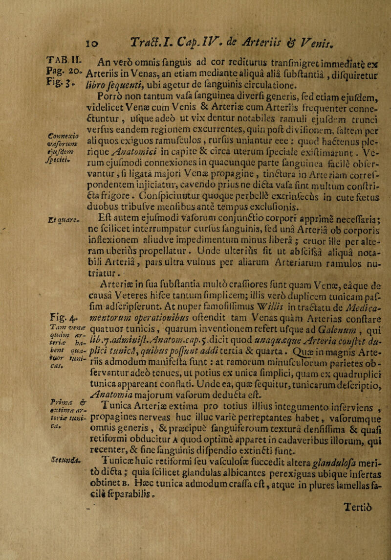 Connexio wsiforum e)ufdem fpeciei» Et q^AYe* 10 Traff.I. Cap. IV. de Arteriis & Venis* TAB IL An veri omnis fanguis ad cor rediturus tranfmigretimmediateex Pag. 20» Arteriis in Venas, an etiam mediante aliqua alia fubftantia ,difquiretur * ^ 3 * libro fequenti, ubi agetur de (anguinis circulatione. Porri non tantum vafa fanguinea diverfi generis, fed etiam ejufdem, videlicet Venae cum Venis & Arteriae cum Arteriis frequenter conne- Auntur , ufqueadeo ut vix dentur notabiles ramuli ejufdem trunci verfus eandem regionem excurrentes, quin poddivifionem, (altem per aliquos exiguos ramufculos , rurfus uniantur eee : quod haftenus ple¬ ri que Anatomici in capite & circa uterum fpeciaie exi /limarunt. Ve¬ rum ejufmodi connexiones in quacunque parte fanguinea facile obfer¬ vantur , fi ligata majori Venae propagine , tin&ura in Arteriam corref- pondentem injiciatur, cavendo prius ne di£ta vafa fuit multum condri- 6fa frigore * Confpiciufitiir quoque perbelld extrinfechs in cute foetus duobus tribufve menlibusante tempus exci udonis» Ed autem ejufmodi Vafbrum conjun&io corpori apprimS neceflaria % ne fcilicet interrumpatur curfus fanguinis, fed una Arteria ob corporis inflexionem aliudve impedimentum minus libera; eruor ille per alte¬ ram uberifis propellatur. Unde ulteriis (it ut abfcifsa aliqua nota¬ bili Arteria, pars ultra vulnus per aliarum Arteriarum ramulos nu¬ triatur * ‘ Arteria; in fua fubdantia multi crafiiores funt quam Vente, eaque de causa Veteres hifce tantum fimplicem; illis veri duplicem tunicam paf- fim adferipferunt. At nuper famofiflimus Willis in traQatu de Medica- ^ mentorum operationibus odendit tam Venas quam Arterias condare Tam quatuor tunicis, quarum inventionem refert ufque ad Galenum , qui uri™ 17- ^ • 7 aidmiuiJL An at om.cap. 5; .dici t quod unaquaque Arteria conjht du- bent qua- plici tunich, quibuspoffunt addi tertia 8c quarta. Qu:e in magnis Arte- *caL *mn~ r”s admodum manifefta funt: at ramorum minufctilorum parietes ob- fervontur adeo tenues, ut potius ex unica fimplici, quam ex quadruplici tunica appareant conflati* Unde ea, quas fequi tur, tunicarum deferiptio, Anatorr.ia majorum vaforum deducta ed. extima af- Tunica Arterias extima pro totius illius integumento inferviens , nriatuni- propagines nerveas huc illuc varie perreptantes habet, vaforumque ca* omnis generis, & praecipue fanguiferoum textura denfiflima & quafi retiformi obducitur a quod optime apparet in cadaveribus illorum, qui recenter, & fine fanguinis difpendio extinfri funt» Tunicae huic retiformi feu vafculofae fuccedit altera glandulofa meri¬ to di^fa ; quia fcilicet glandulas albicantes perexiguas ubique infertas obtinet b. Haec tunica admodumeraflaeft, atque in plures lamellas fa¬ cili feparabilis. Tertii Fig. 4* Setunda.