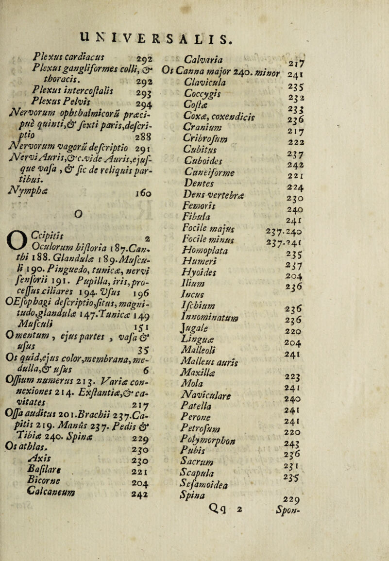Plexu: cardiacus 292 Plexus gangliformes colli, & thoracis. : 292 Plexus intercoflalis 295 Plexus Pelvis 294 Nervorum ophtbalmicoru praci- pul qui uti >& fex (i p aris,defer i- ptio 288 Nervorum vagoru deferiptio 291 Nervi Auris,Qyc.vide Auris,ejuf- que vafa ,& fle de reliq uis far¬ tibus. Nympha j£0 O OCcipitis 2 Oculorum hi flori a \ %y.Caru thi 188. Glandula iZy.Mufcu- li 190. Pinguedo, tunica, nervi fenforii 191. Pupilla, iris,pro¬ ce ffus ali ares 194. Vfus 196 OEfopbagi deferiptio,fitus, magni- tudo,glandula 147.Tunica jaq Mujculi j 5 j Omentum, ejus partes 3 vafa& ufus ^3 Os quid,e jus color^membrana, me- dulla,&ufus 6 Offlum numerus 213. Varia con¬ nexiones 214. Exflantia,&ca¬ vitates 217 Offa auditus 201.Brachii 2 5 y.Ca¬ pitis 219. Manus 257. /W/f 240. Spina 2 29 Osathlas, 230 Atxis 230 B a piare . 221 Bicorne 204 Calcaneum 242 Calvaria Vv\ 217 232 ^ J 236 0; Canna major 240, minor 24 Clavicula r,-,? Coccygts Cofla Coxa, coxendicis Cranium 21 7 Cribrofum 222 Cubitus 217 Cubos des 242 Cuneiforme 2 21 Dentes 224 Dens vertebra 230 Femoris Fibula Foale majus 237.240 Focile minus 237.741 Homoplata 233 Humeri 2in Hyosdes 204 236 Incus Ifchium Innominatum ]ugale Lingua Malleoli Malleus auris Maxilla Mola Naviculare Patella Perone Petrofum Polymorpbon Pubis Sacrum Scapula Sefamoidea Spina Qq 2 236 236 220 204 24I 2 23 241 240 241 24I 220 243 236 23 I 235 229 Spon-