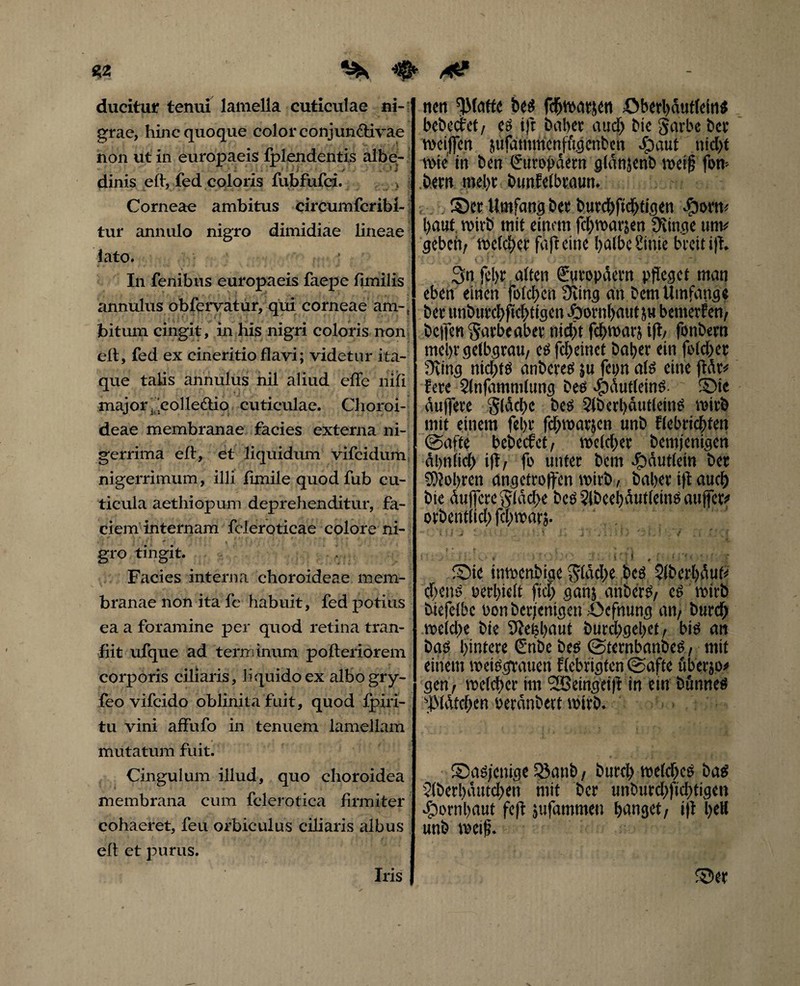 ducitur tenui lamella cuticulae ni-; grae, hinc quoque color conjun&ivae non ut in europaeis iplendentis albe- - . • ' • ■ i . ./ • * -i dinis e (i, fed coloris fubfufci. > Corneae ambitus circumfcribi- tur annulo nigro dimidiae lineae lato. In fenibus europaeis faepe fimilis annulus obfervatur, qui corneae am-s bitum cingit , in his nigri coloris non eft, fed ex eineritio flavi; videtur ita¬ que talis annulus nil aliud eile xiifl major .'.colledlio cuticulae. Choroi¬ deae membranae facies externa ni¬ gerrima efl, et liquidum vifeidum nigerrimum, illi fimile quod fub cu¬ ticula aethiopum deprehenditur, fa¬ ciem internam fcleroticae colore ni¬ gro tingit. Facies interna choroideae mem¬ branae non ita fe habuit, fed potius ea a foramine per quod retina tran- fiit ufque ad terminum pofteriorem corporis ciliaris, liquido ex albogry- feo vifeido oblini ta fuit, quod fipirj- tu vini affufo in tenuem lamellam mutatum fuit. Cingulum illud, quo choroidea membrana cum fclerotica firmiter cohaeret, feu orbiculus ciliaris albus efl et purus. neu ^fatfe be$ öberljdutfeins bebeefet/ to ift baber and) bie garbe bcr wctffm jiifdmmcnftt.genbcn dp aut nid)t mie m ben Suroj>dem gldnjenb n>ei§ fom bew mel)t bunfelbraum i. ■; ©er flmfans bet burcbficbti.gen dpwm baut wirb mit einem fct>n>arjen um* gebch/ melier fdfteine !)a(be Sime breit ift* 3n fcl>r alten Europäern pfleget man eben einen fblcb’en dlm an bem Umfange beumbutebfiebtigen «öorn&aUtjw bemerken/ bcjfen $arbeaber nicht febmarj ift/ fonbern mebrcjelb.grau, e^febeinet Daher ein folget 3vins nichts anberetf }u fepn ate eine ftdr* fere Slnfammlttnci bes $dutlein$. ®ic duffere $(dcf)c be$ 21berl)dutletn£ mr& mit einem fel>r fchwarjen unb fiebrigen (Safte bebeefet, welcher bemjenisen dbnlicb iftt fo unter bem £)dutletn bet 9)?obren ansetroffen wirb / baber ift auch bie duffere Cgldche be3?Jbeebdut(em£auffct* orbentltcb febmarj. 5 « | * * «j ' - 5 i ' •' { ' * . % * 1 ' , ■ 1 • - J, 4 • • ' ■ ' •> ‘ ' * • - f . ' • ‘'' ■' IT: i': 5 , i - ; * ■- ' ~ ©ic inmenbiae flache bcö $lberl)Äuf* cf>ens t>erl)ielt fiel; ganj anbertf, cö roitb biefclbc üon berjentgen Öffnung an, burdSj v»etö)e bie 9ief5l>aut butd)gel)et, biö an bas hintere €nbe beö @tetnbanbe£, mit einem weiögrauen fiebrigten (Safte überji» gen, welcher im SGßeingeifI in ein bünneö s|MAtcben beranbett wirb. ©aöjenige Sßcmb, btircl) meid)cs bag 2(ber!)atttd;en mit ber unburchft tätigen ^ornbaut feft jufammen fanget/ ijt l)ell unb weif. ©er Iris