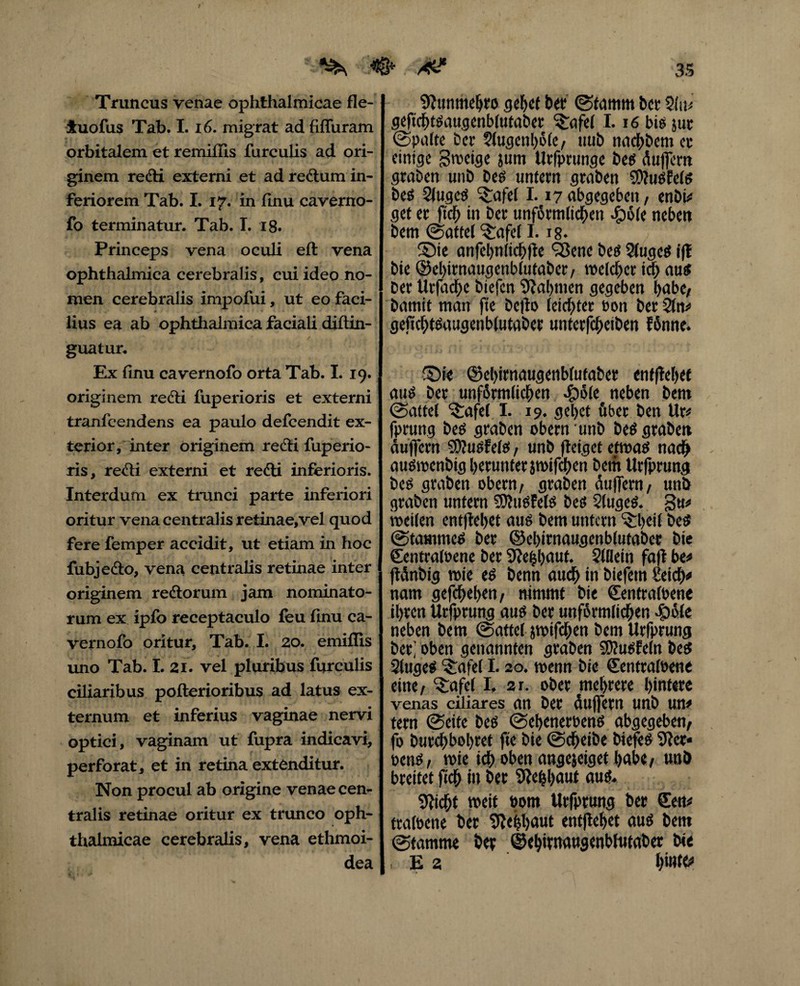 Truncus venae ophthalmicae fle- -luofus Tab. 1.16. migrat ad fiffuram orbitalem et remiffis furculis ad ori¬ ginem redi externi et ad re&um in¬ feriorem Tab. I. 17. in finu caverno- fo terminatur. Tab. T. 18. Princeps vena oculi eil vena ophthalmica cerebralis, cui ideo no¬ men cerebralis impofui, ut eo faci- 9 „ ■  1 * - lius ea ab ophthalmica faciali diftin- guatur. Ex finu cavernofo orta Tab. 1.19. originem redii fuperioris et externi tranfcendens ea paulo defcendit ex¬ terior, inter originem redii fuperio¬ ris, redii externi et redii inferioris. Interdum ex trunci parte inferiori oritur vena centralis retinae,vel quod fere femper accidit, ut etiam in hoc fubjedlo, vena centralis retinae inter originem redlorum jam nominato¬ rum ex ipfo receptaculo feu finu ca¬ vernofo oritur, Tab. I. 20. emiflis uno Tab. I. 21. vel pluribus furculis ciliaribus pofterioribus ad latus ex¬ ternum et inferius vaginae nervi optici, vaginam ut fupra indicavi, perforat, et in retina extenditur. Non procul ab origine venae cen¬ tralis retinae oritur ex trunco oph¬ thalmicae cerebralis, vena ethmoi- dea Sllunmehro gef>cf bet ©tamm bet gefichtsaugenblutaber S£afel I. 16 bis jut (Spalte ber $lugenl)6(c, uub nachbem et einige groeige }um Urfprunge beti Auflern graben unb bes untern graben iüluslels bes 2lugcS Grafel 1.17 abgegeben, enbi* get er ftch in ber unförmlichen $öle neben bem (Sattel Grafel 1.18. ©ie anfehnlichjle <2$enc bes SlugcS iff bie ©el)irnaugenblutaber/ welcher ich aus Der Urfache btefen bahnten gegeben habe/ bamit man fte befto leichter eon berSln# gefichtsaugenblutaber unterfcheiben fönne. 5Die ©ehirnaugenblutaber entfiel)« aus ber unförmlichen #öle neben bem ©aftel Itafel I. 19. gehet über ben Ur* fprung bes graben obern unb bes graben duffem SEUuSfels, unb fleiget etwas nach auöwcnbig herunter }Wifchen bem Urfprung bes graben obern/ graben Auffern / unb graben unfern SStusfels beö SlugeS. §u# weilen entfielet aus bem untern ‘Srhcil bes ©tammes ber ©chitnaugcnblutabet bie (Eentraloene ber “Dlehhaut. ?lflein fafl be# fldnbtg wie es benn audh in biefetn Seich# nam gefchehen/ nimmt bie (EentraWene ihren Urfprung aus ber unförmlichen ipöle neben bem ©attel jwifchen bem Urfprung ber: oben genannten graben SDlusfeln bes Sluges Grafel 1.20. wenn bie (Eentraloene eine/ ^afel I. 2r. ober mehrere hintere venas ciliares an bet dujfetn unb Uli# fern (Seite bes ©ehenemns abgegeben/ fo burchbohret fte bie (Scheibe biefes 3ler* oenS/ wie ich oben angejeiget habe/ unb breitet fich in bet 3lehhaut aus, glicht weit bom Urfprung ber Sen# traloene ber 9l«hhaut entjlehet aus bem ©tamme ber ©ehirnaugcnblutaber bie , E 2 hwtä»