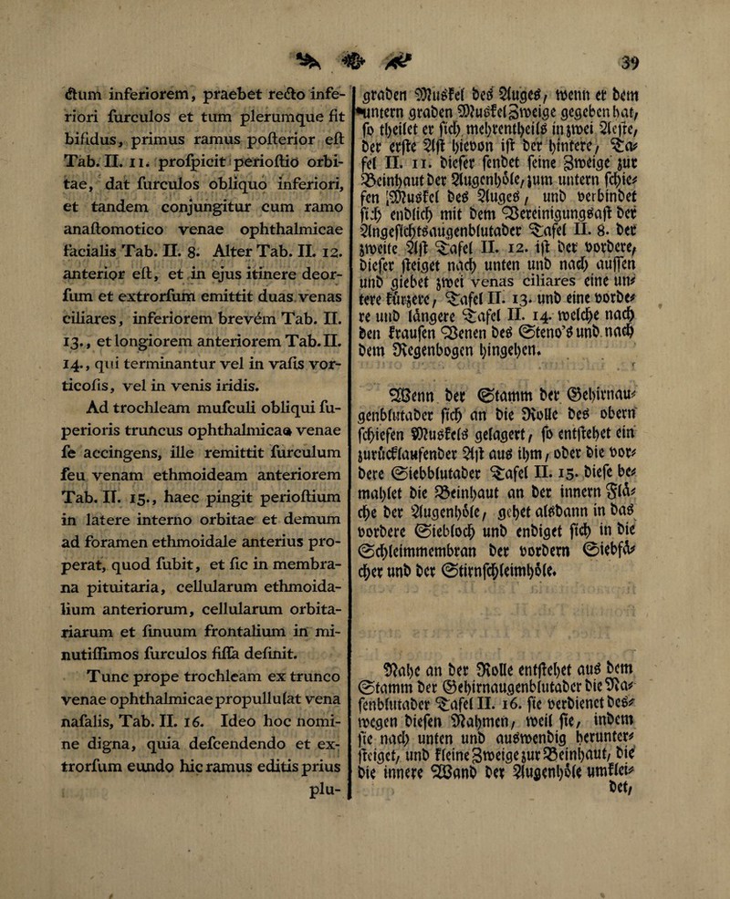 Äum inferiorem, praebet re&o infe¬ riori furculos et tum plerumque fit bifidus, primus ramus pofterior efl Tab. II. n. profpicit perioftiö orbi¬ tae, dat furculos obliquo inferiori, et tandem conjungitur cum ramo anaflomotico venae ophthalmicae facialis Tab. II. 8« Alter Tab. II. 1a. anterior eil, et in ejus itinere deor- **•'*■ •• • »■ • . fum et extrorfum emittit duas venas ciliares, inferiorem brevem Tab. II. 13., et longiorem anteriorem Tab.IL 14., qui terminantur vel in vafis vor- ticofis, vel in venis iridis. Ad trochleam mufculi obliqui fu- perioris truncus ophthalmicae venae fe accingens, ille remittit furculum feu venam ethmoideam anteriorem Tab. II. 15., haec pingit perioftium in latere interno orbitae et demum ad foramen ethmoidale anterius pro¬ perat, quod fubit, et fic in membra¬ na pituitaria, cellularum ethmoida¬ lium anteriorum, cellularum orbita- riarum et finuum frontalium iri mi- nutiffimos furculos fifla definit. Tunc prope trochleam ex trunco venae ophthalmicae propullu(at vena nafalis, Tab. II. 16. Ideo hoc nomi¬ ne digna, quia defcendendo et ex¬ trorfum eundo hic ramus editis prius plu- graben 93Jttgfe( beg 2luge$, wenn et bem •untern graben SDJuOfelsweige gegeben bat, fo tl)et(et er ftch. mel)tentheil£ tnjwei Slefte, bet erjte 5tfi l)iet>on ift bet hintere, ^a* fei II. 11. biefer fenbet feine gweige jut 53einl)aut ber Slugcnhole, jurn untern fcf)te* fen iSKutffel beö 2(uge0, unb »erbinbet ftj) enb(id) mit bem ‘Sereinigunggajt ber 5lngef(d)tsaugenb(utaber ^afel II. 8- bet jmeife 5l|t ^afel II. 12. i|t bet »orbere, btefer fteiget nach unten unb nach aujfen unb giebet jwet venas ciliares eine tut* tere fuejere, Grafel II. 13- unb eine »erbe# re unb längere ^afel II. 14- welche nach ben f raufen Q3enen beg ©teno’g unb nach bem Regenbogen hingehen. \ * r ?) !T • * ' * •' ; ; * • , ' | ▼ 5 . f $£8enn ber (Stamm ber ©ehirnau* genblutaber ftch an bie Rolle bes obern fchiefen SWuofeW gelagert, fo entgehet ein jurücflaufenber 5i|t aug il)tn, ober bie bot* bere ©iebblutaber Grafet II. 15* biefe be* mahlet bie 5öeinl>aut an ber innern Slä* che ber §(ugenl)6le, gehet aiobann in baO borbere ©iebloch unb enbiget ftch in bie ©chlcimmetnbran ber borbern ©iebfä* eher unb ber ©tirnfchleimhöle. Rahe an ber Rolle entfMjet auö bem ©tamm ber ©ehirnaugenblutaberbieRa* fenbltttaber ^afelll. 16. fie berbienct bcs* wegen biefen Rahmen, weil fte, inbern fte nach unten unb auOwenbig herunter* jteiget, unb Keine Zweige jurQ3einhaut, bie1 bie innere SßSanb ber 3lugenh6(e urnflei*