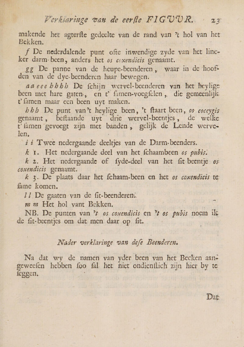 makende het agterfte gedeelte van de rand van % hol van het Bekken. | | f De nederdalende punt ofte inwendige zyde van het lince ker darm-been, anders het os evxendicis genaamt. | gg De panne van de heupe-beenderen „ waar in de hoof- den van de dye-beenderen haar bewegen. | aaeee bhhh De fchijm wervel-beenderen: van. het heylige been met hare gaten, en t famen-voegfelen „ die gemeenlijk t' {armen maar een been. uyt maken. hhb De punt van* heylige been, ’t ftaart been, os coceygis genaamt, beftaande uyt drie wervel-beentjes, de welke t'famen gevoegt zijn met banden, gelijk de Lende werve- ee | ji Twee nedergaande deeltjes van de Darm-beenders. k 1. Het nedergaande deel van het fchaambeen os pubis: k 2. Het nedergaande of fyde-deel van het út beentje os coxendicis genaamt. | k 3. De plaats daar het íchaam-been en het os cowendicis te fame komen. | JJ De gaaten van de fit-beenderen:. mm Het hol vant Bekken. NB. De punten van ° os cowendicis en °t os pubis noem ik de fit-beentjes om. dat men. daar op fit. zen Nader verklaringe van defe Beenderen, Na dat wy de namen van yder been van het Becken aans geweefen hebben foo fal. het. hiet ondienftich zijn hier by te leggen, | Dat