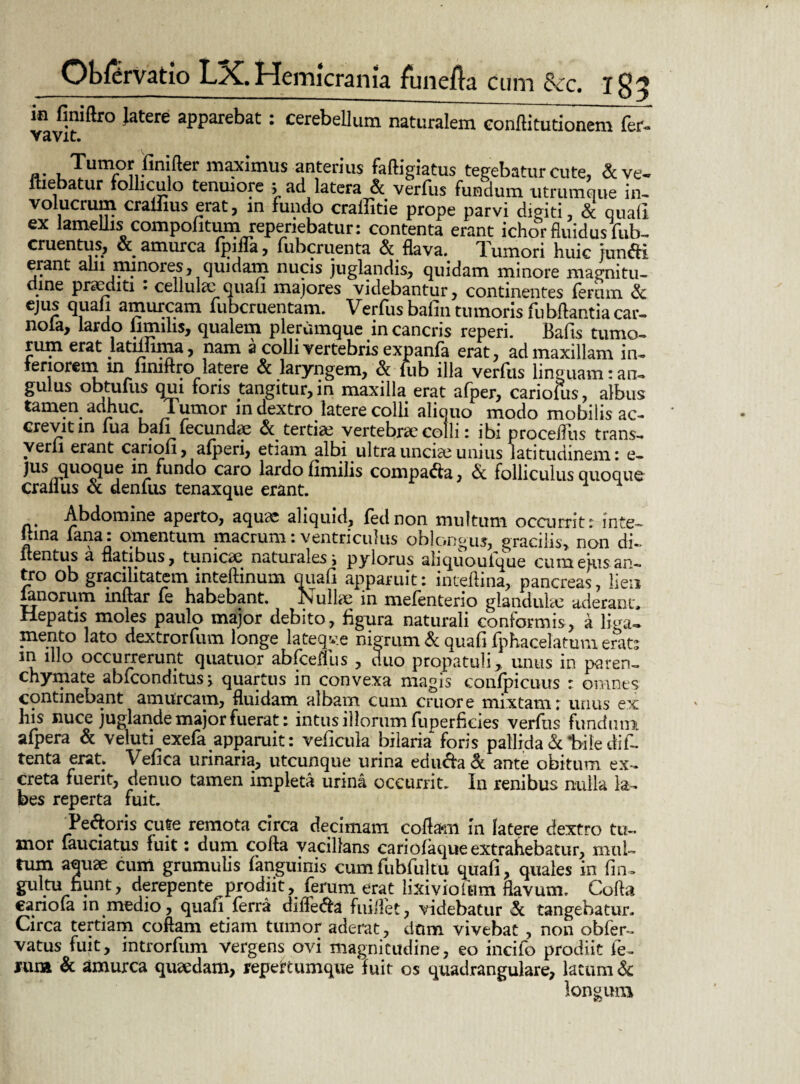 k finiftro Jatere apparebat: cerebellum naturalem conflitutionem fer. vavit. Tumor finifter maximus anterius faftigiatus tegebatur cute, &ve- luebatur folliculo tenuiore j ad latera Sc verfus fundum utrumque in¬ volucrum eramus erat, in fundo craffitie prope parvi digiti, & quaii ex lamellis compontum reperiebatur: contenta erant ichor fluidus fub- cruentus, & amurca fmfla, fubcruenta & flava. Tumori huic junfri erant alii minores, quidam nucis juglandis, quidam minore magni tu- ctine praediti • cellulae quali majores videbantur, continentes ferum Sc €)Ur qiua i mbcruentam. Verfus bafin tumoris fubftantia car- nola, lardo iimilis, qualem plerumque in cancris reperi. Bafis tumo¬ rum erat latimma, nam a colli vertebris expanfa erat, ad maxillam in- leriorem in finiftro latere Sc laryngem, Sc lub illa verfus linguam: an¬ gulus obtufus qui foris tangitur, in maxilla erat afper, cariofus, albus tamen adhuc. Tumor in dextro latere colli aliquo modo mobilis ac- crevit in lua baii fecundae Sc tertiae vertebrae colli : ibi proceflus trans- yerli erant cariofi, afperi, etiam albi ultra unciae unius latitudinem: e— jus quoque in fundo caro lardo fimilis compatfa, & folliculus quoque crallus oc denfus tenaxque erant. Abdomine aperto, aquae aliquid, fednon multum occurrit: inte- icina fana: omentum macrum: ventriculus oblongus, gracilis, non di- itentus a flatibus, tunicae naturales i pylorus aliquoufque cum ejus an- tro ob gracilitatem inteftinum c,uafi apparuit: inteftina, pancreas, lien fanorum inftar fe habebant. Nullae in mefenterio glandula; aderam, rlepatis moles paulo major debito, figura naturali conformis, a liga- mento lato dextrorfum longe lateqve nigrum Sc quafi fphacelatum erat* m illo occurrerunt quatuor abfceffus , duo propatuli,, unus in paren¬ chymate abfeonditus > quartus in convexa magis confpicuus : omnes continebant amurcam, fluidam albam cum eruor e mixtam: unus ex his nuce juglande major fuerat: intus illorum fuperficies verfus fundum afpera & veluti exefa apparuit: veficula bilaria foris pallida & trite difi. tenta erat. Vefica urinaria, utcunque urina ediuffa& ante obitum ex¬ creta fuerit, denuo tamen impleta urina occurrit. In renibus nulla la¬ bes reperta fuit. Teftoris cute remota circa decimam codam in latere dextro tu¬ mor fauciatus fuit: dum cofta vacillans cariofaque extrahebatur, mul¬ tum aquae cum grumulis fanguinis cumfubfultu quafi, quales in fin- gultu fiunt, derepente prodiit, ferum erat lixiviofum flavum. Cofla eariofa in medio, quafi ferra diffe&a fuiflet, videbatur Sc tangebatur, Circa tertiam coftam etiam tumor aderat, dnm vivebat , non obfer- vatus fuit, introrfum vergens ovi magnitudine, eo incifo prodiit fe- nu» Sc amurca quaedam, repettumque fuit os quadrangulare, latum Sc longum