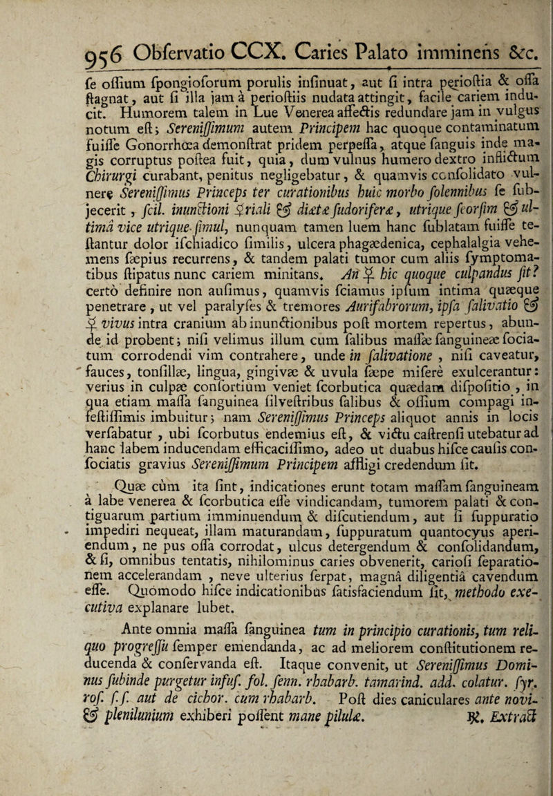 fe offium rpongioforum porulis infinuat, aut fi intra p^rioftia & odTa ftagnat, aut fi illa jam a perioftiis nudata attingit, facile cariem indu¬ cit. Humorem talem in Lue Venerea affe&is redundare jam in vulgus notum efh SereniJJimum autem Principem hac quoque contaminatum FuifTe Gonorrhoea demonftrat pridem perpelTa, atque fanguis inde ma¬ gis corruptus poftea fuit, quia, dum vulnus humero dextro infii&um Chirurgi curabant, penitus negligebatur, & quamvis confolidato vul¬ nere Sereniffimus Princeps ter curationibus huic morbo folennibus fe fub- jecerit, fcil inunctioni Qriali & dtitz fudoriferre, utrique fcorfim & ul¬ tima vice utrique*fimulj nunquam tamen luem hanc fublatam fuiffe te- flantur dolor ifchiadico fimilis, ulcera phagaedenica, cephalalgia vehe¬ mens faepius recurrens, & tandem palati tumor cum aliis fymptoma- tibus ftipatus nunc cariem minitans* An ^ hic quoque culpandus Jit ? certo definire non aufimus, quamvis fciamus ipfum intima quaeque penetrare , ut vel paralyfes & tremores Aurifabrorum, ipfa falivatio Cf) vivus intra cranium ab inunctionibus poft mortem repertus, abun¬ de id probent i nili velimus illum cum falibus malfae fanguineae focia- tum corrodendi vim contrahere, unde in falivatione , nili caveatur, fauces, tonlillae, lingua, gingivae & uvula faepe mifere exulcerantur: verius in culpae confortium veniet fcorbutica quaedam difpofitio , in qua etiam mada fanguinea fiiveftribus falibus & ollium compagi in* fediffimis imbuitur 5 nam Sereniffimus Princeps aliquot annis in locis verfabatur , ubi fcorbutus endemius efl, & viftu caftrenfi utebatur ad hanc 'labem inducendam efficacillimo, adeo ut duabus hifce caulis con- fociatis gravius SereniJJimum Principem affligi credendum lit. Quae cum ita fint, indicationes erunt totam madam (anguineam a labe venerea & fcorbutica ede vindicandam, tumorem palati & con¬ tiguarum partium imminuendum & difcutiendum, aut li fuppuratio - impediri nequeat, illam maturandam, fuppuratum quantocyus aperi¬ endum, ne pus oda corrodat, ulcus detergendum & confolidandum, & fi, omnibus tentatis, nihilominus caries obvenerit, cariofi feparatio- nem accelerandam , neve ulterius ferpat, magna diligentia cavendum ede. Quomodo hifce indicationibus fatisfaciendum lit, methodo exe- cutiva explanare lubet. Ante omnia mada fanguinea tum in principio curationis, tum reli¬ quo progrejjii femper emendanda, ac ad meliorem conftitutionem re¬ ducenda & confervanda eft. Itaque convenit, ut Sereniffimus Domi¬ nus fubinde purgetur infuf. fol fenn. rhabarb. tamarind. adL colatur. fyr. rof f. f aut de cichor. cum rhabarb. Poli dies caniculares ante novi- & plenilunium exhiberi poffent mane piluU, Extraft