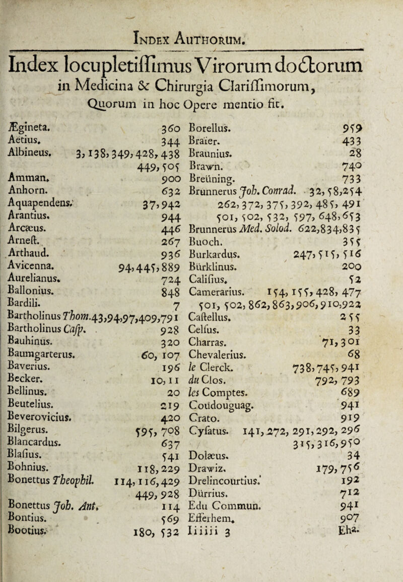 Index Authorum. _ . Index locupletiflimus Virorum dodtorum in Medicina & Chirurgia Clariffimorum, Quorum in hoc Opere mentio fit. JEgineta. 3^0 Aedus* 344 Albineus. 3, 138» 349.428,438 449» 5«5 Amman* 900 Anhorn. * 632 Aquapendens; 37»943 Arandus, 944 Arcaeus. 446 Arne fi:. 267 Arthaud. 936 Avicenna. 94,445,889 Aurelianus, 724 Ballonius. 84B Bardili. 7 Bartholinus ^0^/43,94,97,409,791 Bartholinus Cafp. . 928 Bauhinus. 320 Baumgarterus. 60, 107 Baverius. 196 Becker. 10,11 Bellinus. 20 Beutelius. 219 Beverovicius. 420 Bilgerus. ?95> 708 Blancardus. 637 Blafius. Hi Bohnius. 118,229 Bonettus Theophil. 114,116,429 449» 928 Bonettus Joh. Ant♦ 114 Bontius. 569 Boodus. 180, 532 Borelius. 9^9 Braier. 43 3 Braunius. 28 Brawn. 74° B reuni ng. 733 Brunnerus Joh. ConYud. ?8>2?4 262,372, 37f> 392, 48?* 491 501, 502, 532, Brunnerus A/ed. «So/od. 622,83 4> 835 Buoch. 355 Burkardus. 247.05» 5i6 Burklinus. 200 Calidus, U Camerarius. 154,155,428,477 501, 502, 862,863,906,910.922 Caftellus. 2H Celfus. 33 Charras. 71,301 Chevalerius. ^8 le Clerck. 738.745.94i du Cios. 792, 793 les Comptes. 689 Coiidouguag. 941 Crato. 919 Cyfatus. 141, 272, 291,292, 296 3i5»3i6,950 Dolaeus* 34 Drawiz, 179. 756 Drelincourtius.* 192 Durrius, 712 Edu Commun, 941 Efferhem, 907 iiiiii 3 Eh*. /