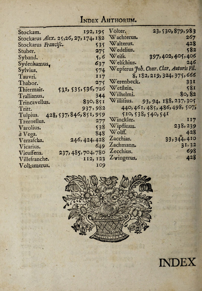 Stockam. 192,195 Stockarus Alex. 21,26,27,174,182 Stockarus Francifc. 53? Stuber. Sybanck . Sydenhamus^ Sylvius. Tauvri. Thabor. Thiermair. Trallianus* Trincavellus. Tritt 27S i*6 637 574 117 27 5 53J> 53f>53<?,726 344 830,851 937,982 V olter. Wachterus. Walterus. Wedelius. Weifs. Welfchius. Tulpius. 428,537,846,851,959 23,530,879,983 267 428 583 397,402,405,406 24« Wepferus JoS. Conr. Clar, Moris Fil. 8,182,219,324» 375,666 Werenbeck. 33* Wetftein. 581 Wilhclmi. 80,82 Willifius. 93, 94, 188,237,305 440,461,485, 486,498, 5°7> 510, 538,54°, 541 Tzernellus. Varolius. 'a Vega. Verzafcha. Vicarius. Vieuffens. Villefranche. Volkamerus. 277 538 848 246,424,428 649 237,485,704>78o 112,123 109 Winckler. Wipflinus. Wolff. Zacchias. Zachmann. Zecchius. Z-yringerus. 117 238,239 428 33,344,410 31,32 698 428