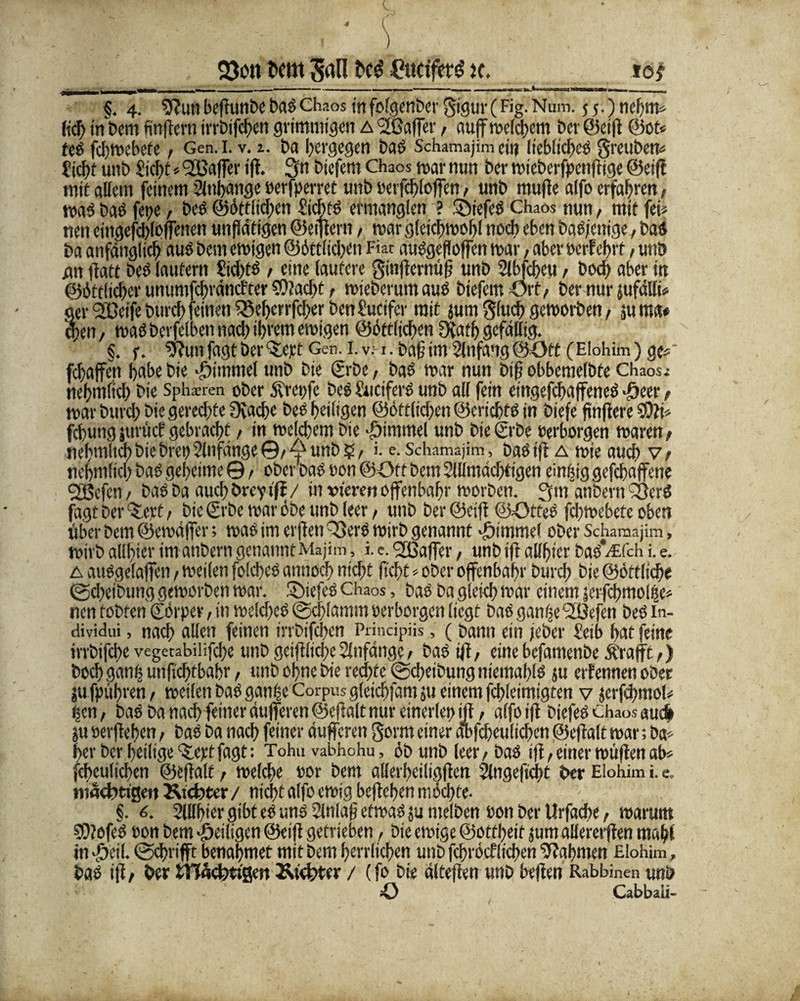 23on Mt 5aü £itcifer£ k. iS# §. 4. 9iun befiunbe ba« Chaos infolgcnber §igur(Fig. Num. j 5.) nehm# (idf) ifi bem fingern irrbifdfen grimmigen a ©Gaffer, attff melchem bev ©eifi ©ot« Ui febmebete, Gen.i. v. 1. ba bergegen bas Schamajim ein liebliches greuben# Sicht unb Sicht#Gaffer tff. 3'n biefem Chaos mar nun ber mieberfpenftige ©eift mit allem feinem Anhänge eerfperret unb »erfcbloffen, unb rnujie alfo erfahren, ma« ba« fepe, be« ©ottiiehen Siebt« ermanglen ? ©iefe« Chaos nun, mit fei# nen eingefd)loflenen unflätigen ©eiliern , mar gleicbmobl noch eben ba«jenige, ba« ba anfänglich au« bem emigen ©öttlicben Fiat au«geftoffen mar, aber »erfebrt, unb gn liatt be« lautern Sicht« > eine lautere ginflerhttfi unb Slbfcheu , hoch aber in ©öttlidfer unumfehranefter ©facht, mieberum au« biefem Ort/ ber nur jufdlii# ger ©Betfe bureb feinen Q5eherrfcher benSuctfer mit sum Siucb gemorben, ju m* chen, ma« betreiben nach ihrem emigen ©öttlicben fKath gefällig. $. f. gfunfagtber^ept Gen. i.v; 1. baff im Slnfaitg @43tt (Elohim) ge* fd)affen habe bie Fimmel unb bie ©rbe, ba« mar nun bif obbemelbte Chaos; nehmfich bie Sphären ober öt'rcpfe be«Suctfer« unb all fein emgefebaffene« djeer , mar bureb bie gerechte Drache be« heiligen ©ältlichen ©ericht« in biefe finftere ©ii# fchung jtirücf gebracht , in melchem bie Fimmel unb bieSrbe »erborgen maren , nehmlid? bie bre» Slnfange ©/ 4^ unb ? / i. e. Schamajim, ba« ift a mie auch V/ nehmfid; ba« geheime © , ober ba« »on ©Oft bem Sllimächtigen einzig gefebaffene ©Sefen, ba«ba auchöreyifl/ in »lerer»offenbahr morben. 2fm anbern©)er« fagt ber Scrt, bie (Erbe mar obe unb leer , unb ber @eifi ©43tte« fchmebete oben über bem ©emäffer; ma« im erfieti 33er« mirb genannt Fimmel ober Schamajim, mirb alihier im anbern genannt Majim, i. e. ©Gaffer, unb ifi allf)icr ba«*c£fch i. e. a au«ge(affen , meilen folche« annoch nicht ficht # ober offenbahr burch bie ©öttliche @cheibung gemorben mar. üöiefe« Chaos, ba« ba gleich mar einem |crfchmol£e# nen tobten ©örper, in me!d)e« (Schlamm »erborgen liegt ba« ganffe ©öefen be« in- dividui, nach allen feinen irrbtfehen Prindpiis, (bann ein jeber Seib hat feine irrbifche vegetabiüfd)e unb getfilicbeSlnfdnge, ba« ifi, einebefamenbe Ärafft,) hoch gan| utif chtbahr, unb ohne bie rechte @d>eibung niemahl« su erfennen ober ju fpühren, meilen ba« gan^e Corpus glcichfam ju einem fchleimigten v jerfcbmol# ijen, ba« ba nach feiner dufferen ©eflalt nur einerlei) ifi, alfoift Diefe« Chaos audfe su »erflehen, ba« ba nach feiner dufferen gorm einer albfcheulichen ©efialt mar; ba# her ber heiligest fagt: Tohuvabhohu, ob unb leer,ba« ifi, einer müfien ab# fcheulichen ©efialt, melehe »or bem allerheiligfien jlngeffcbt ber Elohim i. e. mdcbttgeit Siebter / nicht alfo emig bejiehen möchte- §. SlUhier gibt e« un« Slnlafj etma« ju ntelben »on ber Urfache, marum ©?efe« »on bem ^eiligen ©eifi getrieben, bie einige ©ottheit sum allererfien mahl itisöeil. (Schlifft benähmet mit bem herrlichen unb fchröcflichen Nahmen Elohim, ba« ifi/ ber tnäcbttgen Siebter / (fo bie dltejien unb befien Rabbinen unb 43 Cabbaii-