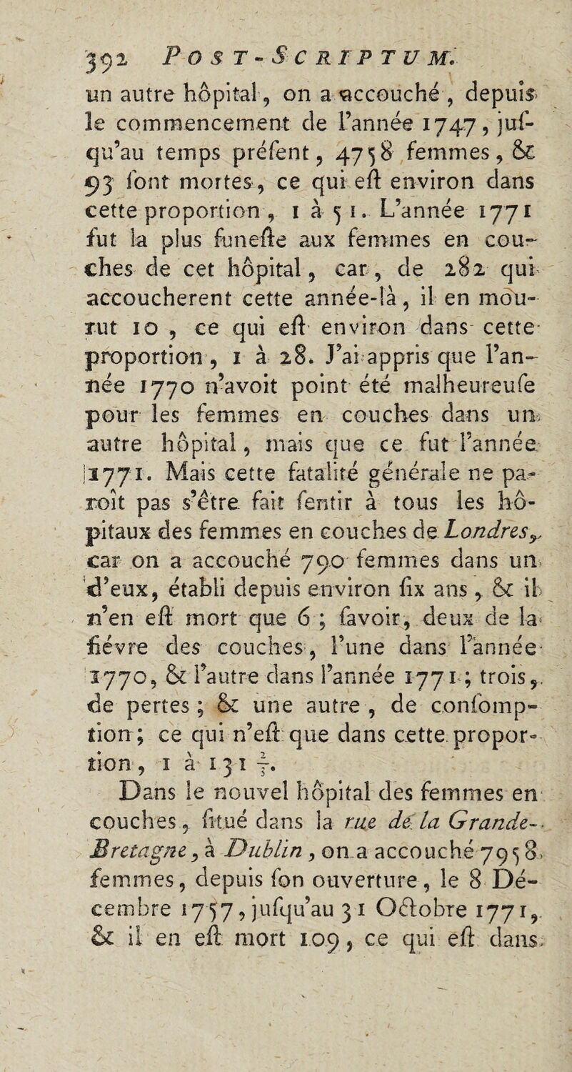 mn autre hôpital , on a «accouché , depuis le commencement de l’année 1747, jus¬ qu’au temps préfent, 4758 femmes, 6c 93 font mortes , ce qui eft environ dans cette proportion , 1 à 51. L’année 1771 fut la plus funefte aux femmes en cou¬ ches de cet hôpital, car, de 282 qui accouchèrent cette année-là, il en mou¬ rut 10 , ce qui eff environ dans cette proportion, 1 à 28. J’ai appris que l’an¬ née 1770 n’avoit point été malheureufe pour les femmes en couches dans un autre hôpital, mais que ce fut l’année 11771. Mais cette fatalité générale ne pa- roît pas s’être fait fentir à tous les hô¬ pitaux des femmes en couches de Londresr car on a accouché 790 femmes dans un d’eux, établi depuis environ fix ans , 6c il n’en eft mort que 6 ; favoir, deux de la fièvre des couches, l’une dans l’année- 1770, 6c l’autre dans l’année 1771.; trois,, de pertes; 6c une autre, de c.onfomp- don; ce qui n’efhque dans cette propor- don , 1 à 131 y. Dans le nouvel hôpital des femmes en couches, fitué dans la rue de la Grande-. Bretagne, à Dublin , on a accouché 7958» femmes, depuis fon ouverture, le 8 Dé¬ cembre 1757, jufqu’au 31 Oéfobre 1771, 6c il en eft. mort 1.0.9 ? ce dans.