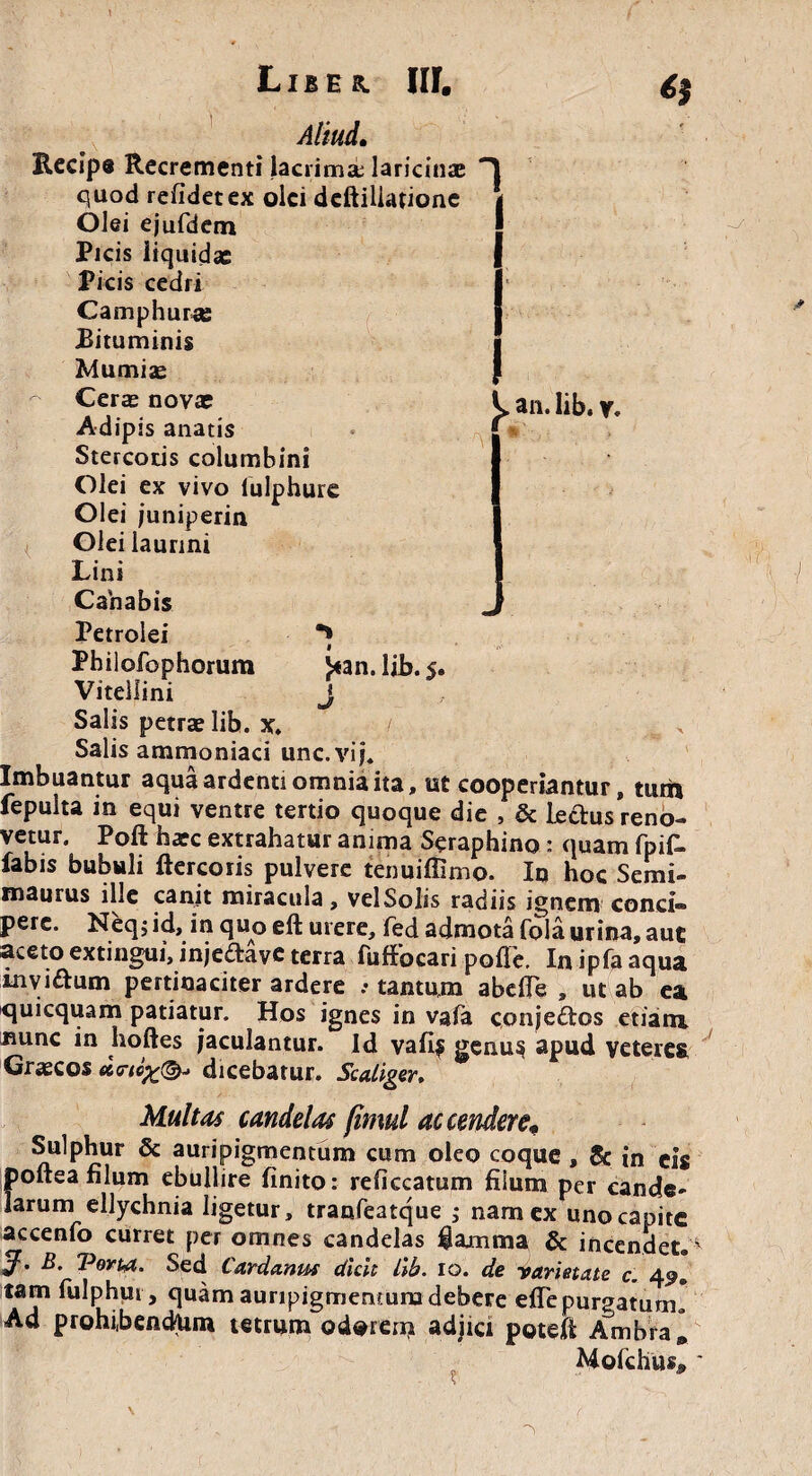 Recip® Recrementi lacrima: laricinae quod relidet ex olei deftiliatione Olei ejufdetn Picis liquidae Picis cedri Camphura; Bituminis Mumiae Ceras novae Adipis anatis Stercoris columbini Olei ex vivo lulphure Olei juniperin Olei laurini Lini Canabis Petrolei Pbilofophorum J«an. lib. 5. Vitellini J Salis petrae lib. x. / ^ » Salis ammoniaci unc. vi j. Imbuantur aqua ardenti omnia ita, ut cooperiantur, tum fepulta in equi ventre tertio quoque die , & Lectus reno¬ vetur. Poft haec extrahatur anima Seraphino: quam fpifi. fabis bubuli ftercoris pulvere tenuiffimo. In hoc Semi- maurus ille canit miracula, velSolis radiis ignem conci¬ pere. Neq; id, in quo eft urere, fed admota fola urina, aut aceto extingui, injeftave terra fufFocari pofle. In ipfa aqua invi&um pertinaciter ardere .• tantum abefle , ut ab ea quicquam patiatur. Hos ignes in vafa conjectos etiam nunc in hoftes jaculantur. Id vafif genu$ apud veteres Graecos dicebatur. Scaliger, Multas candelas fimul accenderem Sulphur & auripigmentum cum oleo coque, & in cis poftea filum ebullire finito: reficcatum filum per cande* larum ellychnia ligetur, tranfeatque ,* nam ex uno capite accenlo curret per omnes candelas fiajnma & incendet* J' Porta. Sed Cardanus dicit lib. 10. de -varietate c. 4^ tam fulphur, quam auripigmentum debere effe purgatum» Ad prohibendum tetrum odorem adjici potefi Ambra* Mofchus»