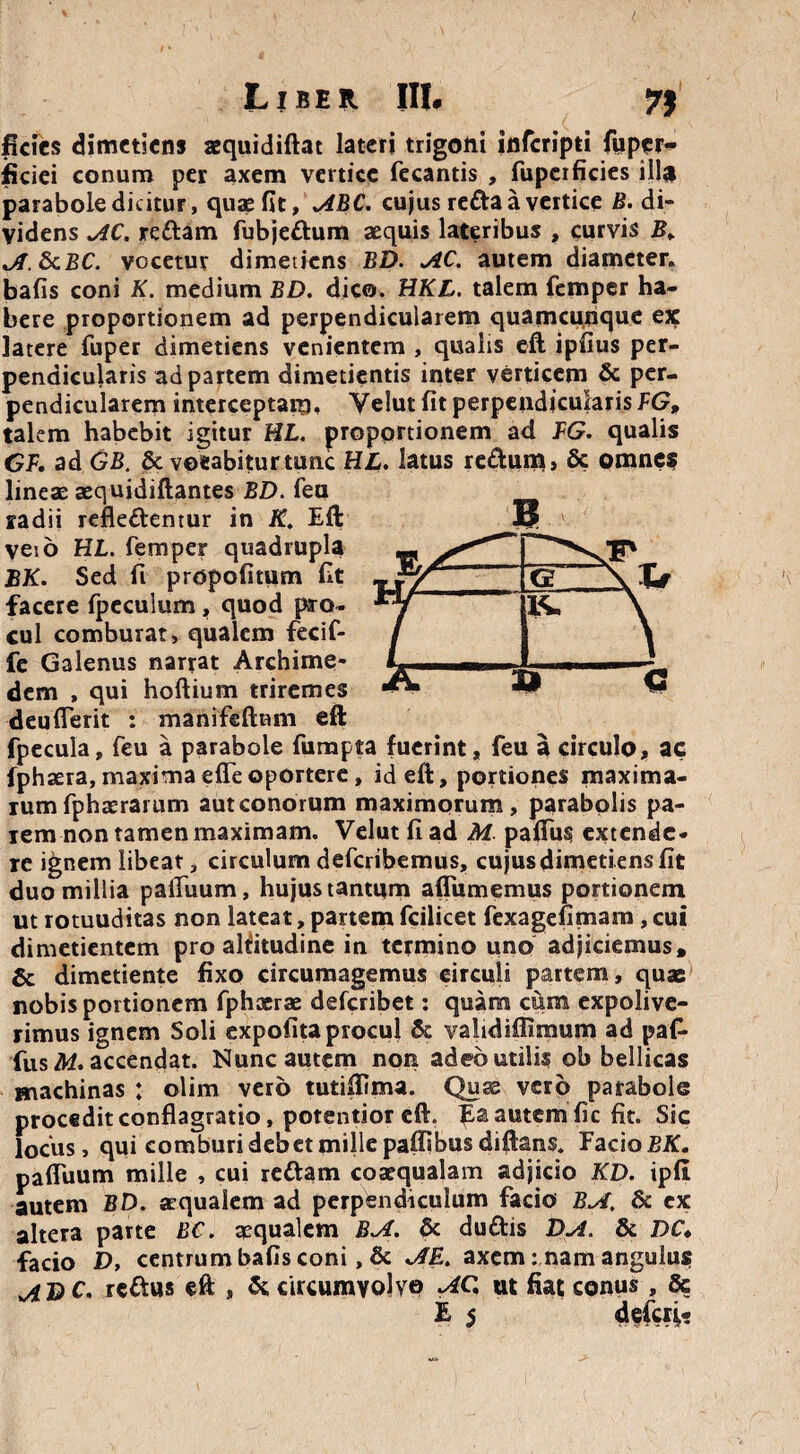 ficies dimetiens aequidiftat lateri trigoni inferipti fuper- jficiei conum per axem vertice fecantis , fuperficies illa parabole dicitur, quae fit, ABC. cujus reda a vertice B. di¬ videns AC. redam fubjedum aequis lateribus , curvis B. A.dcBC. vocetur dimetiens BD. AC. autem diameter, bafis coni K. medium BD. dico. HKL. talem femper ha¬ bere proportionem ad perpendicularem quamcunque ex latere fuper dimetiens venientem , qualis eft ipfius per¬ pendicularis ad partem dimetientis inter verticem & per¬ pendicularem interceptain, Yelut fit perpendicularis FG, talem habebit igitur HL. proportionem ad FG. qualis GF. ad GB. & vocabitur tunc HL. latus redum, & omnes lineae aequidiftantes BD. feu radii refledentur in K. Eft veio HL. femper quadrupla BK. Sed fi propofitum fit facere fpeculum, quod pro¬ cul comburat, qualem fecif- fe Galenus narrat Archime¬ dem , qui hoftium triremes deuflerit : manifeftum eft fpecula, feu a parabole fumpta fuerint, feu a circulo, ac fphaera, maxima efie oportere, id eft, portiones maxima¬ rum fphaerarum aut conorum maximorum, parabolis pa¬ rem non tamen maximam. Velut fi ad M pafius extende¬ re ignem libeat, circulum deferibemus, cujus dimetiens fit duo millia pafiuum, hujus tantum affirmemus portionem ut rotuuditas non lateat, partem fcilicet fexagefimam, cui dimetientem pro alfitudine in termino uno adjiciemus, & dimetiente fixo circumagemus circuli partem, quae nobis portionem fphaerae deferibet: quam cum expolive¬ rimus ignem Soli expofita procul & vahdiffimum ad paf- fus M. accendat. Nunc autem non adeo utilis ob bellicas machinas : olim vero tutiftima. Quas vero parabole procedit conflagratio, potentior eft. Ea autem fic fit. Sic locus, qui comburi debet mille paffibus diftans. Facio BK, pafiuum mille , cui redam coaequalam adjicio KD. ipfi autem BD. aequalem ad perpendiculum facio BA, & ex altera parte BC. aequalem BA. & dudis DA. & DC. facio D, centrum bafis coni, & AE. axem: nam angulus AD C. redus eft , & circumvolvo ut fiat conus , & E 5
