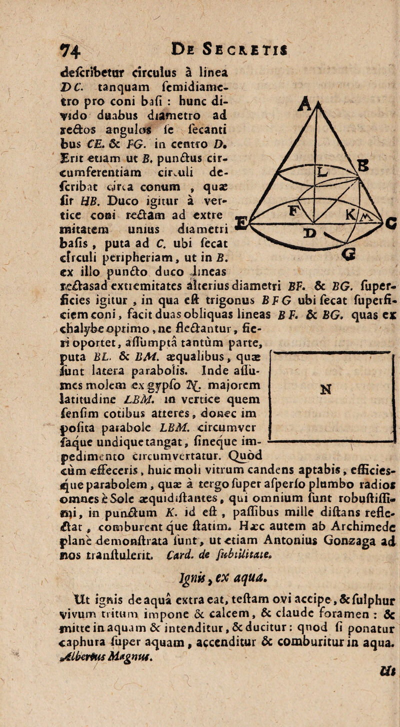 «kicribetur circulus a linea DC\ tanquam fcmidiame- tro pro coni bafi : hunc di¬ vido duabus diametro ad sedos angulos fe lecanti bus CE. & FG. in centro D, Erit etiam ut B. pundus cir¬ cumferentiam cifvuli de- fcnb.it cjrca conum , quae fir HB. Duco igitur a ver¬ tice coni redam ad extre mitatem unius diametri feafis, puta ad C, ubi fecat circuli penpheriam, ut in B. ex illo pundo duco irneas r.edasad extremitates alterius diametri BF. $c BG. fuper- ficies igitur , in qua eft trigonus BFG ubi fecat fuperfi- ciemconi, facit duas obliquas lineas BF. & BG. quas eic chalybe optimo, ne fledantur, fie¬ ri oportet, aflumpta tantum parte, puta BL. & BM. aequalibus, quae jiint latera parabolis. Inde aflu- mcsmoiem exgypfo 2^. majorem latitudine LBM. m vertice quem fenlim cotibus atteres, donec im polita parabole LBM. circumver faque undique tangat, fineque im¬ pedimento circumvertatur. Quod cum effeceris, huic moli viti um candens aptabis, efiicies- ejue parabolem, quae a tergo fuper afperlo plumbo radios omnes e Sole arquidiftantes, qui omnium funt robuftifli- *r>i, in pundum K. id eft, pallibus mille diftans refle- dat, comburent que ftatim. Haec autem ab Archimede plane demonftrata funt, ut edam Antonius Gonzaga ad nos traniluLerit. Card. de [ubtilitate. Ignis, ex aqua. Ut ignis de aqua extra eat, teftam ovi accipe, & fulphur vivum tritum impone & calcem, & claude foramen : Sc mitte inaquam & intenditur , & ducitur: qnod fi ponatur caphura fuper aquam, accenditur & comburitur in aqua. ■Atbertus Ut