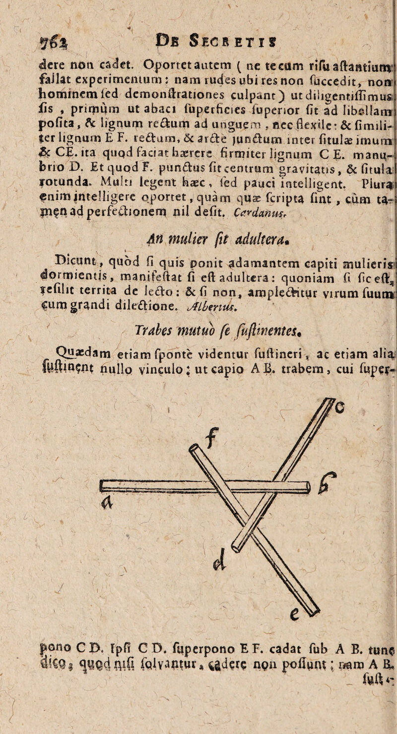 pB SeCR ET 15 dcre non cadet Oportet autem ( ne tecam rifu aflantium' fallat experimentum: nam rudes ubi res non fuccedit, non hominem fed demonflrationes culpant) utdiligentiffimus iis , primum ut abaci fuperficies fuperior (it ad libellam pofita,& lignum redum ad unguem , ncc flexile: & fimili- ter lignum E F. redam, & arde jundum inter fitulae imum & CE. ita quqd faciat haerere firmiter lignum CE. manu¬ brio D. Et quod F. pundus fit centrum gravitatis, & fitula rotunda. Multi legent haec, fed pauci intelligent. Piurai enim intelligere oportet, quam quae feripta fint , cum ta? inenadperfedioiiem nil defit. Ctrdanusr 4n mulier fit adultera. \ 1 Bicunt , quod fi quis ponit adamantem capiti mulieris dormientis, manifeftat fi eft adultera: quoniam fi ficeft? refilit territa de ledo: & fi non, ampleditur virum fuutn Cum grandi diledione. Mentu. Trabes mutuo fe fuftmentes• Quaedam etiam fponte videntur fuftineri, ac etiam alia! fiullo vinculo; ut capio AB. trabem, cui fuper- pono CD. Ipfi C D, fuperpono EF. cadat fub A B. tune folvansur, 4&dere npn poflum ; r/am A B.