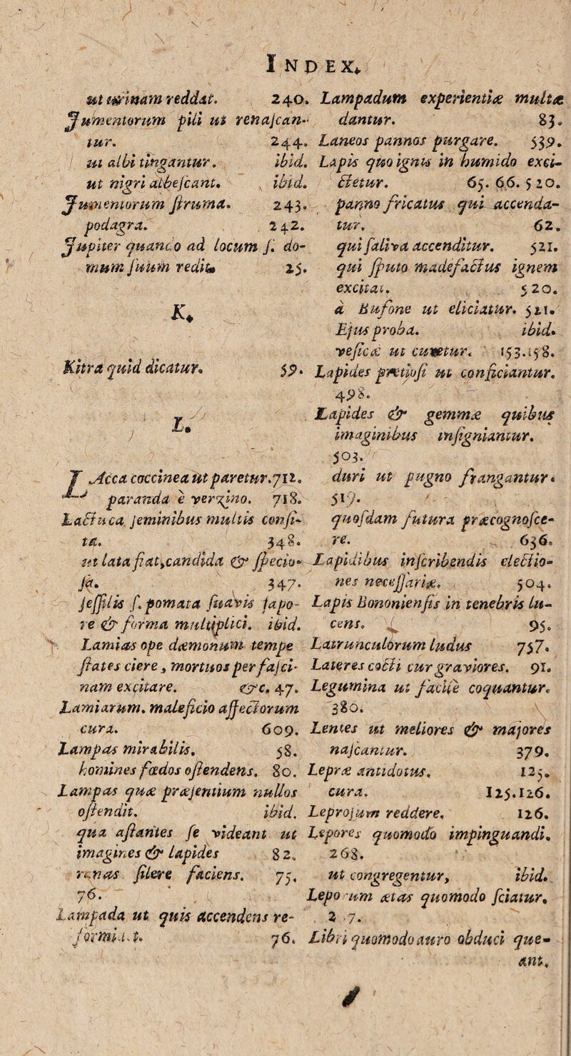 ut mittam reddat. 240. jumentorum fili ut renajcan- IU» ■ tingantur. ibid. ut nigri atbefcant. ibid. jum emorum /irum a. 2 43. podagra. 24.2. jugiter quando ad locum J. do¬ mum jirnm redit» 25. Kitra quid dicatur. I. 5P- F coccinea ut paretur.712. paranda e yergino. 718. Lactuca jeminibus multis confio t st. 34*. Lampadum experientiae multae dantur. 83* Laneos pannos purgare. 537. Lapis quo ignis in humido exci- Lietur. 65.66.520. panno fricatus qui accenda- tl/tV« 62 o faliva accenditur. 521. madefaclus ignem excitat. 520. <t Bufone ut eliciatur. 521. £//^ proba. ibid• ve/icac ut curtetur. 153.158. Lapides pntiofi ut conficiantur. 4^8. Lapides <& gemmae quibus imaginibus mjignianiur. 5°3- pugno frangantur. 5!y- ' - quofdam futura pracognofce- re. ... 636. mlatafiatycandida.&fbecio* Lapidibus infcribendis eleblio- Jf 347. »«' necejjariae. 504. Jefilis f.pomata fuavis Upo- Lapis Bononienfs in tenebris lu¬ te & firma multiplici, ibid. cens. 95. Lami as ope daemonum temge Latrunculorum ludus 7$7> /lates ciere} mortuos per fajci• Lateres cobii cur graviores. 91. ««j» excitare. &c, 47. Legumina ut facile coquantur. Lamiatum. malefcio ajjectorum 380. c#jm. 609. Lentes ut meliores <& majores Lampas mirabilis. 58. na/cantur. 379. homines f'aedos ojlendens. 80. Lepra antidotus. 125. Lampas quae praefinitum nullos cura. 125.126. oflendit. ibid. Lepro/uvn reddere. 126. qua a/lantes fe videant ut Lepores quomodo impinguandi. imagines <&• Lapides 8 2. 268. ramus flere faciens. 75, congregentur, 76* Lepo um aetats quomodo fciaiur. Lampada ut quis Accendens re- 2 .7. /Qvmi.i.t. 76. Libri quomodo auro obduci que-